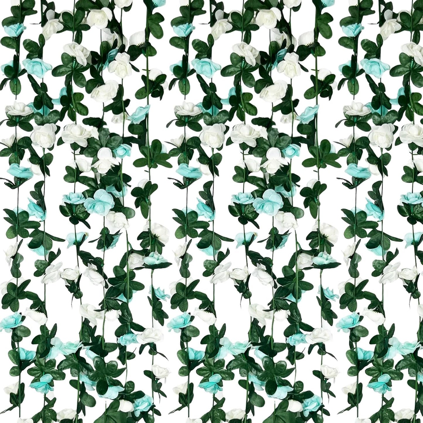 16Pcs 126Ft Teal&White Rose Garland, Fake Rose Hanging Flowers, Artificial Flower Vine, Hanging Floral Vine Garland for Wedding, Birthday Party, Wall Arch, Halloween, Christmas Garden Backdrop Decor