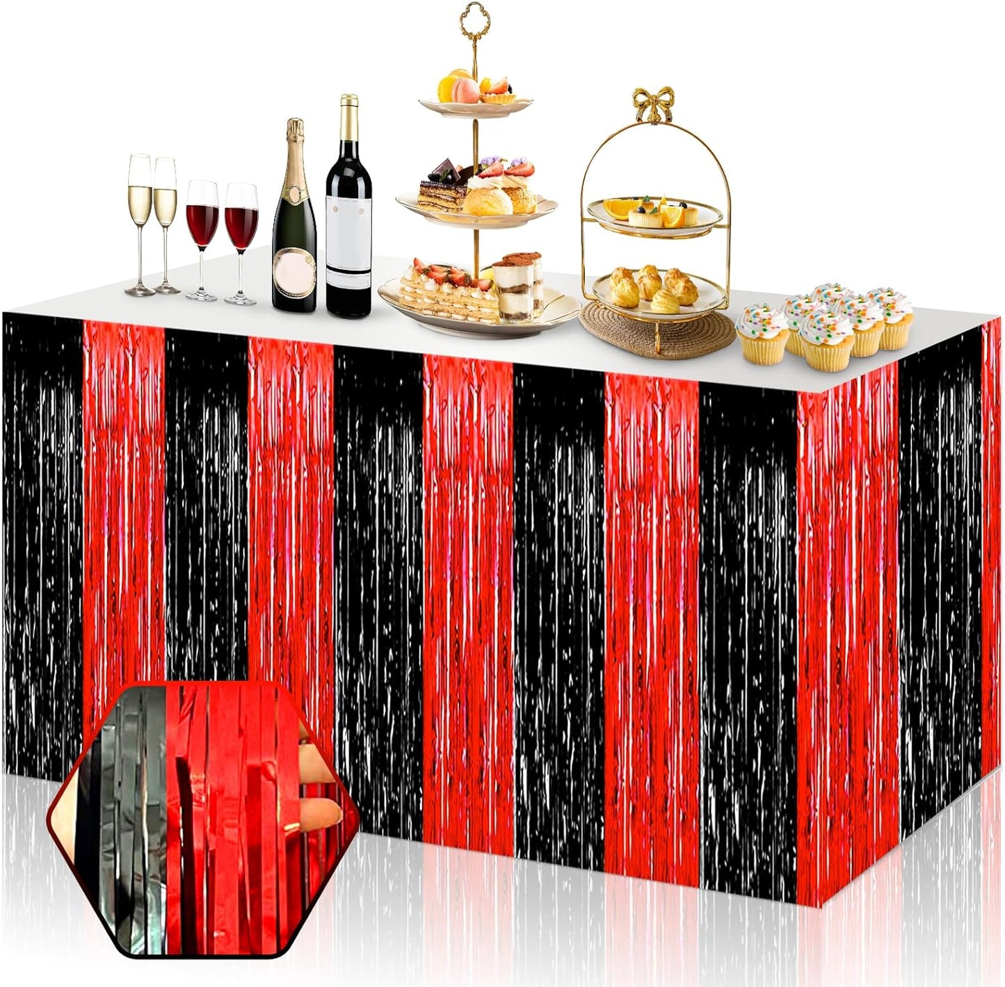 3 Pack 29x108 Inch Black Red Foil Fringe Table Skirts Metallic Banner for Tinsel Streamer Garland Backdrop for Parade Floats Wedding Thanksgiving Birthday Christmas Halloween Party Decoration