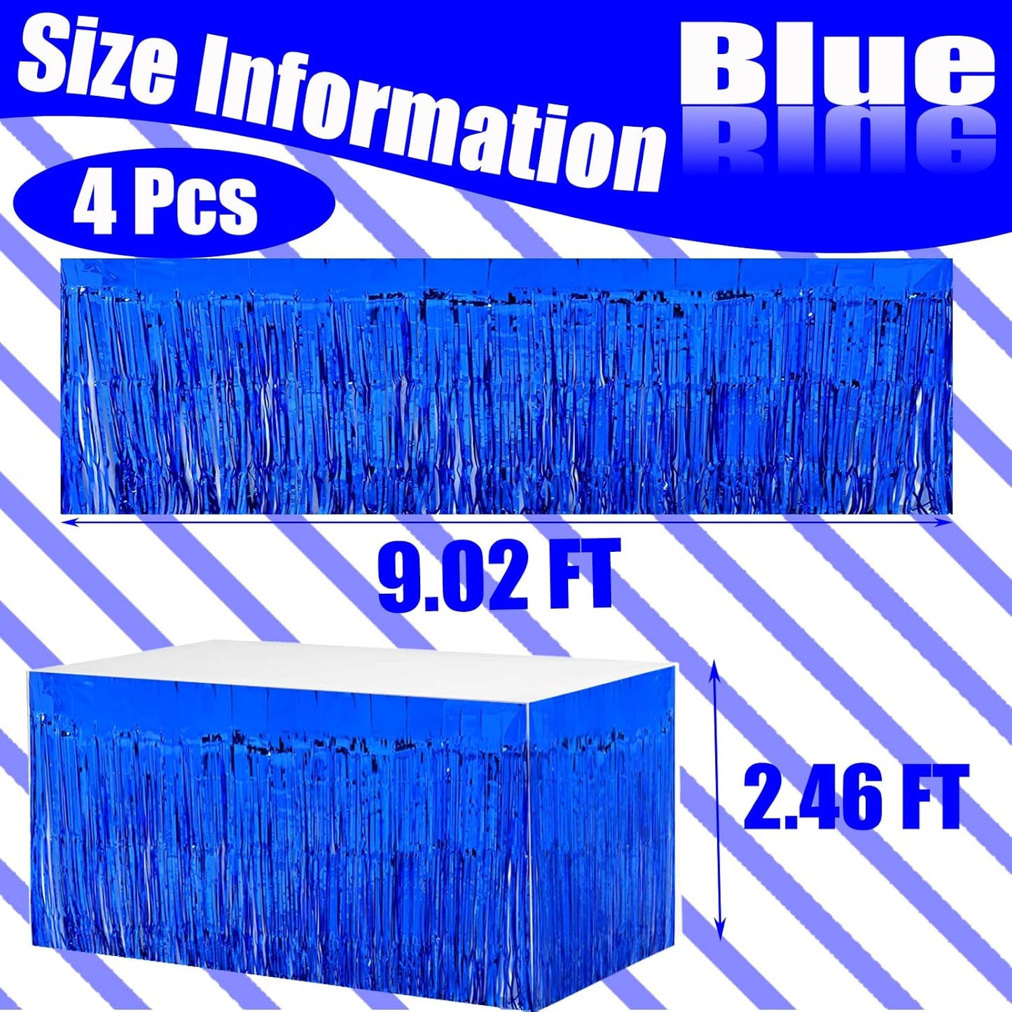 4 Pack 29x108 Inch Metallic Foil Fringe Tinsel Table Skirts for Rectangle Tables Streamer Curtains Backdrop for Wedding, Birthday, Parade Floats, Christmas, Halloween Party Decoration(Blue)