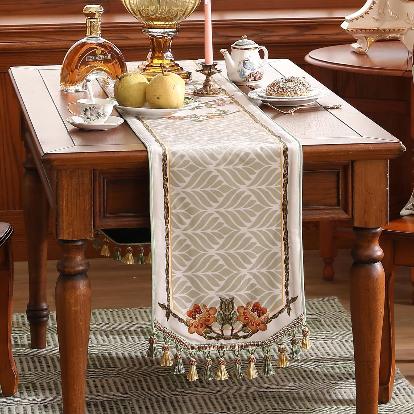 patdrea Designer Elegant French Floral Velvet Table Runner 102 Inch Long,Green with Orange Blossoms Pattern Table Mat, Decor for Kitchen Dining Coffee Table Cabinet Banquet Thanksgiving,12"*102"