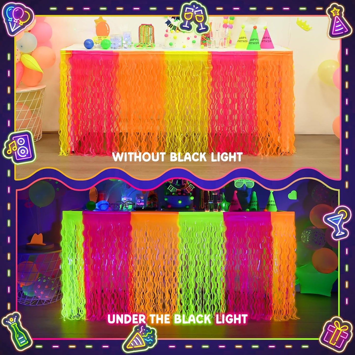Mega-L Glow in The Dark Party Supplies, 2 Pack Neon Party Decorations Fluorescent Macaron Orange, Yellow and Fuchsia Wavy Metallic Tinsel Foil Fringe Table Skirts, Perfect Table Decors Glow Decors