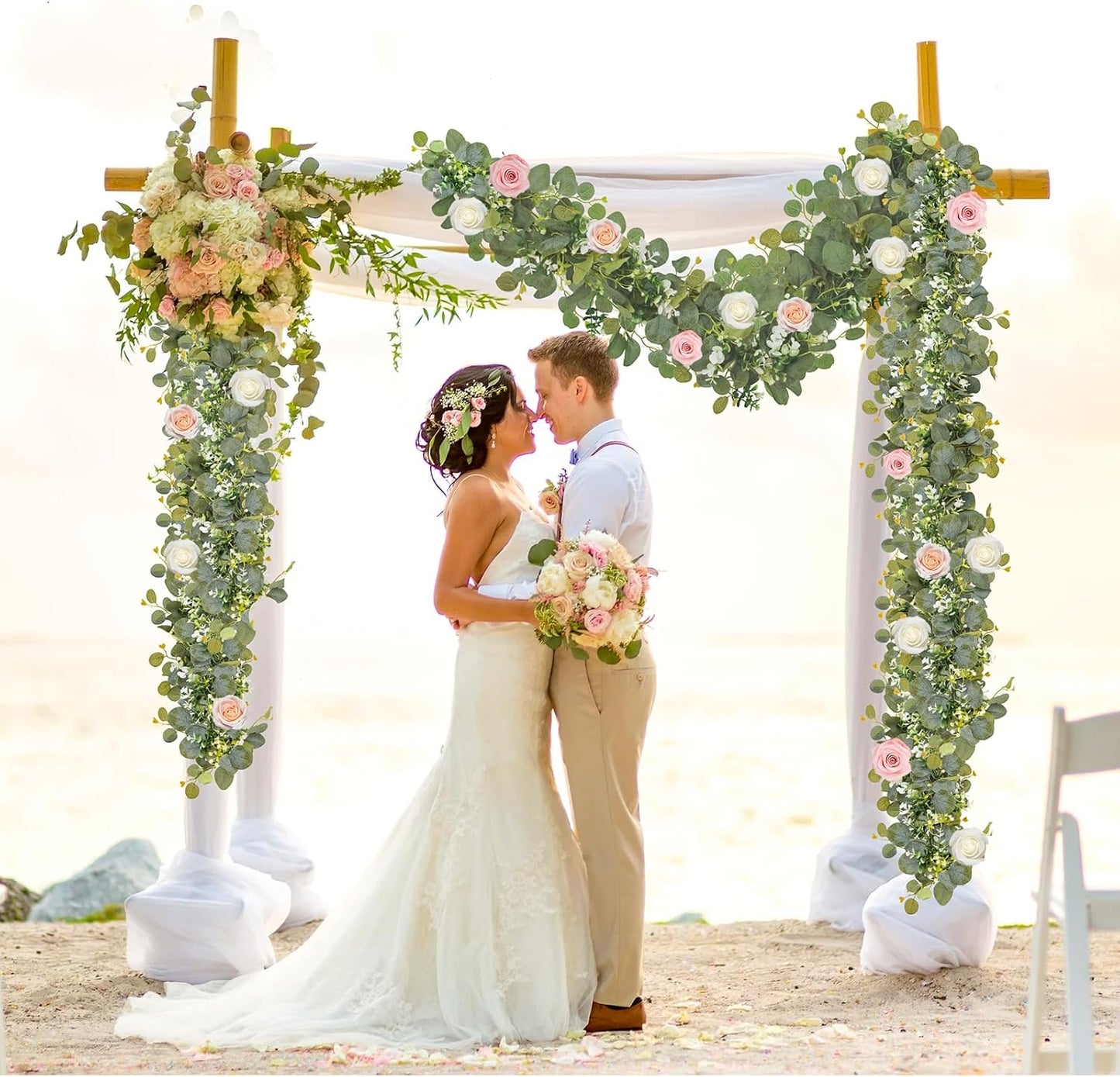 N&T NIETING 2 Pack Artificial Eucalyptus Garland with Flowers, Faux Greenery Garland Decor 6FT Eucalyptus Vines, Fake Hanging Vines Summer Garlands for Mantle Wedding Backdrop Decorations