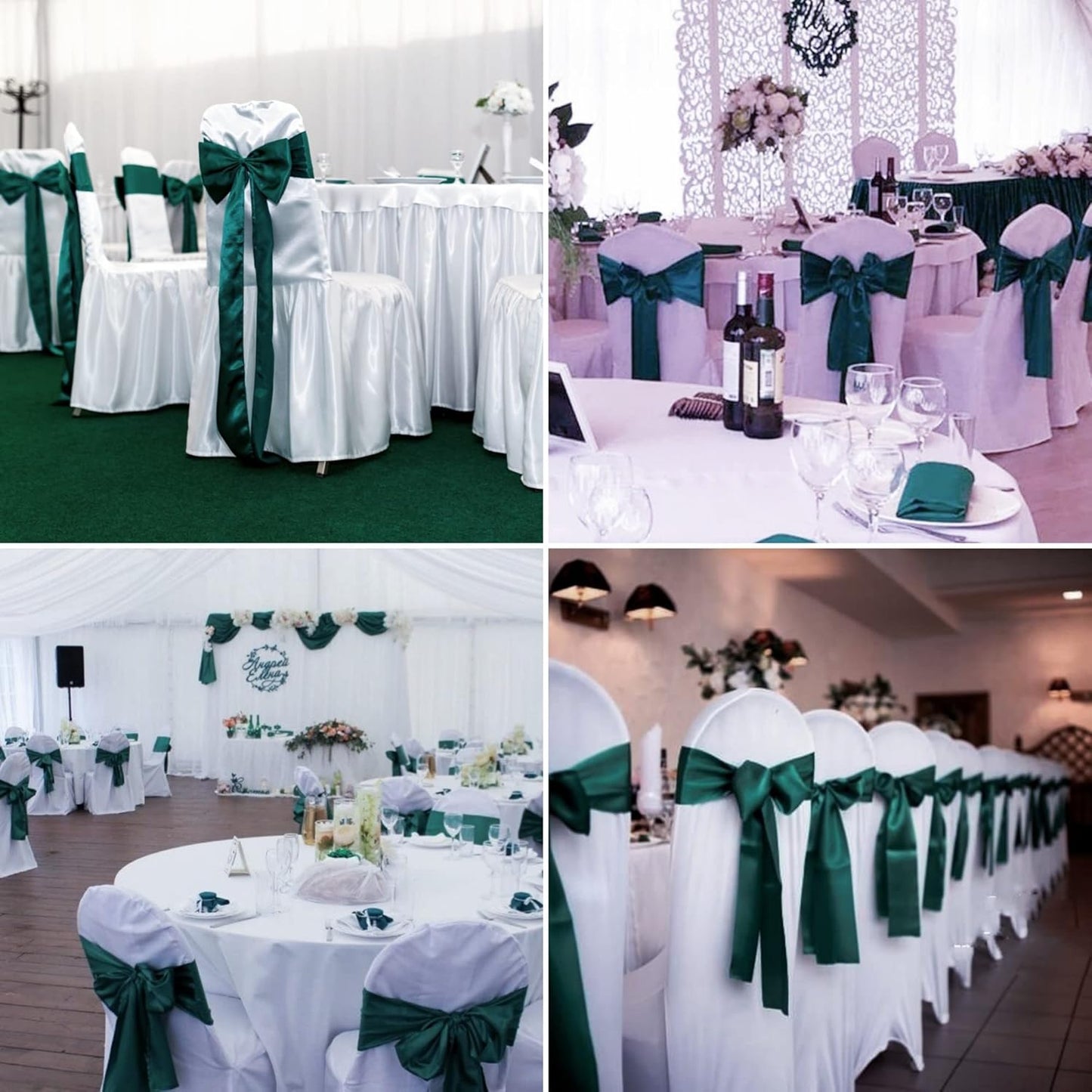 100 PCS Satin Chair Sashes Decorative Bows Universal Satin Chair Sashes Ties Ribbon Bow Chairs Cover Band for Wedding Birthday Party Ceremony Reception Banquet Restaurant Decor(7x108inch,Forest Green)