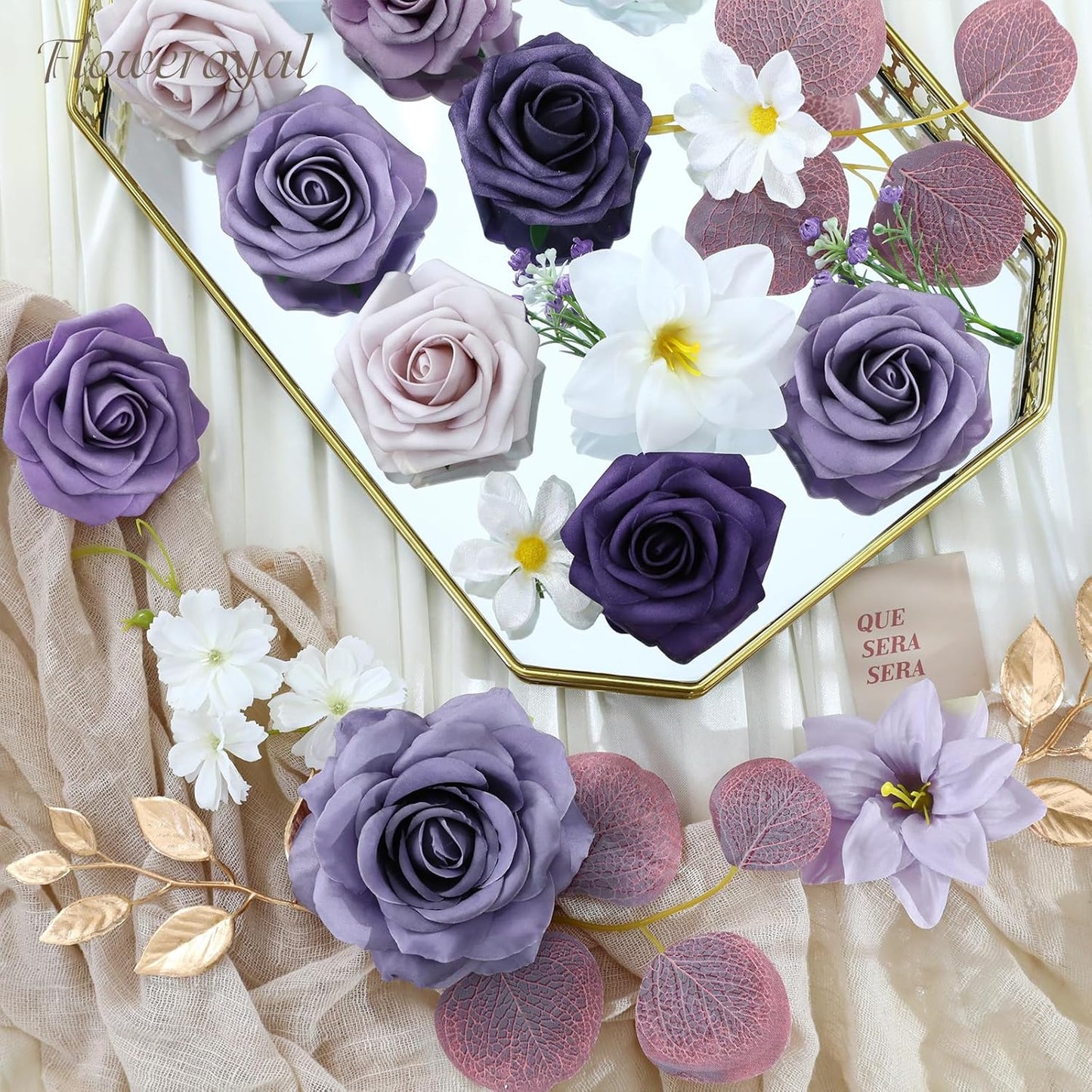 Floweroyal Artificial Flowers Combo Purple Flowers Mix Silk Flowers Fake Roses with Stems for DIY Wedding Bridal Bouquets, Baby Shower, Floral Arrangement, Table Centerpieces, Home Decorations