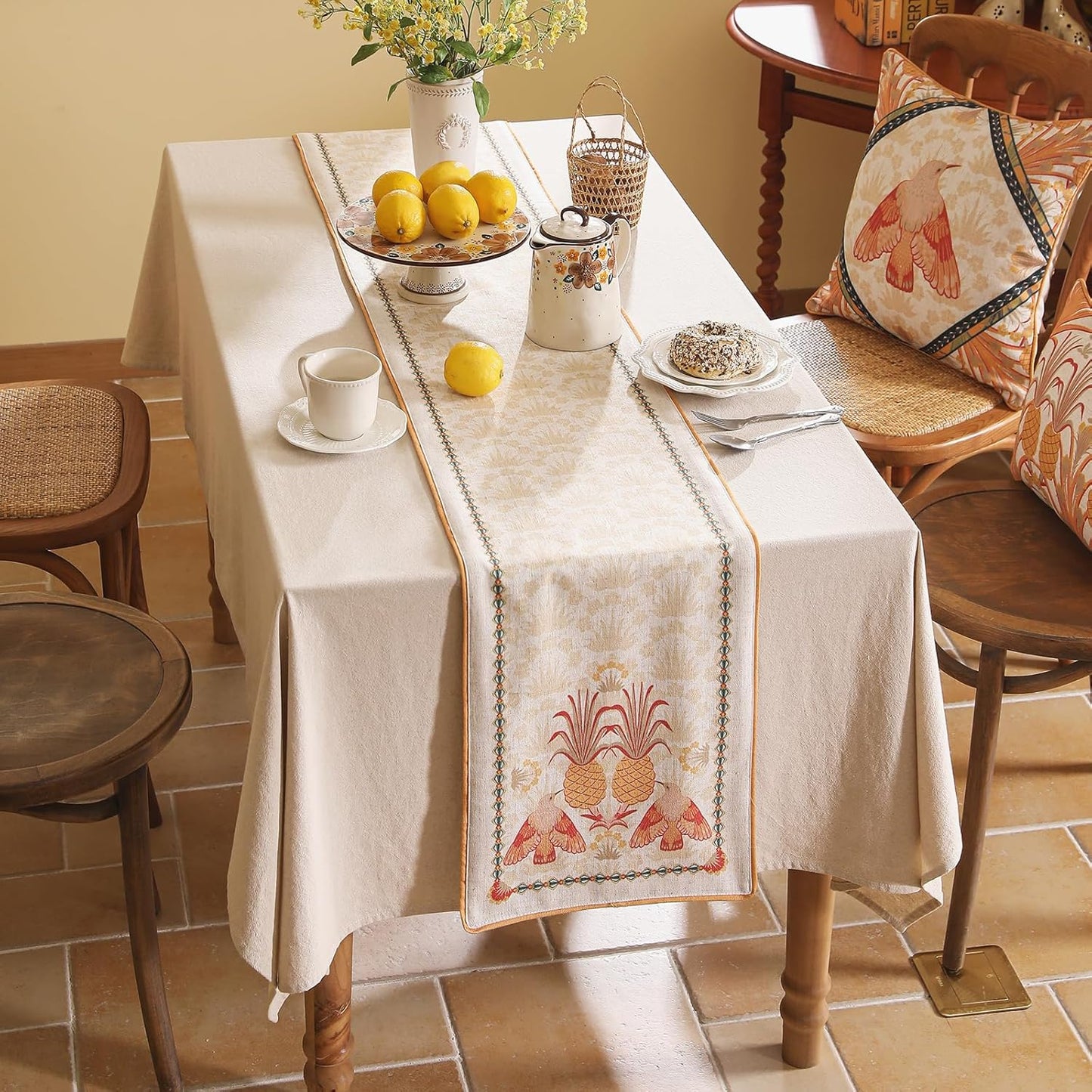 patdrea Designer Tropical Linen Table Runner 102 Inch Long, Yellow Vintage Elegant with Pineapple Pattern Table Mat,Decoration for Kitchen Dining Coffee Table Cover Banquet Christmas , 12"*102"