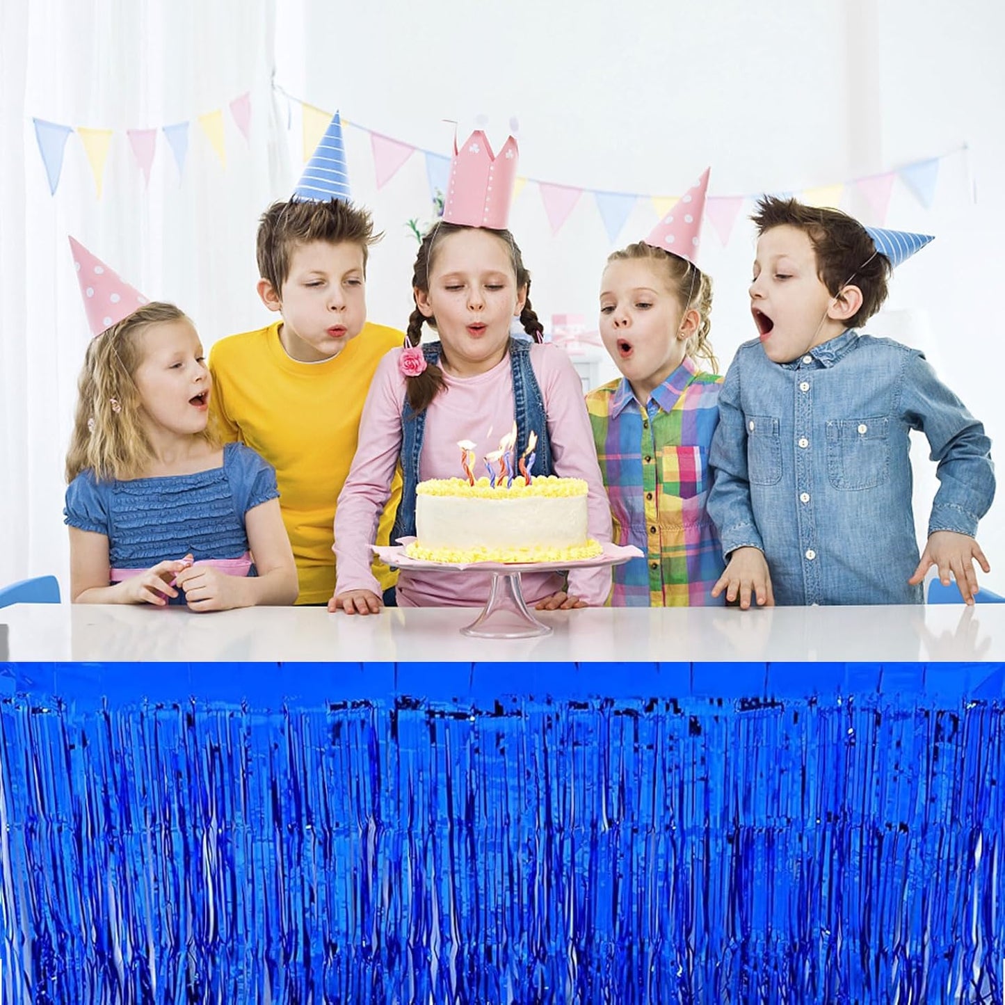 4 Pack Metallic Foil Fringe Tinsel Table Skirts,29x108 Inch Party Disposable Table Skirt Banner for Hotel Banquet Parade Floats Mardi Gras Holiday Birthday Wedding New Year Party Decoration(Blue)