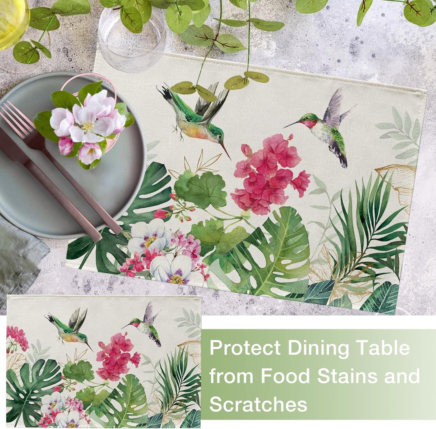 Seliem Spring Summer Geranium Flower Placemats Set of 4, Red Floral Hummingbird Palm Leaves Monstera Dining Table Place Mats, Seasonal Kitchen Decor Home Decoration 12 x 18 Inch