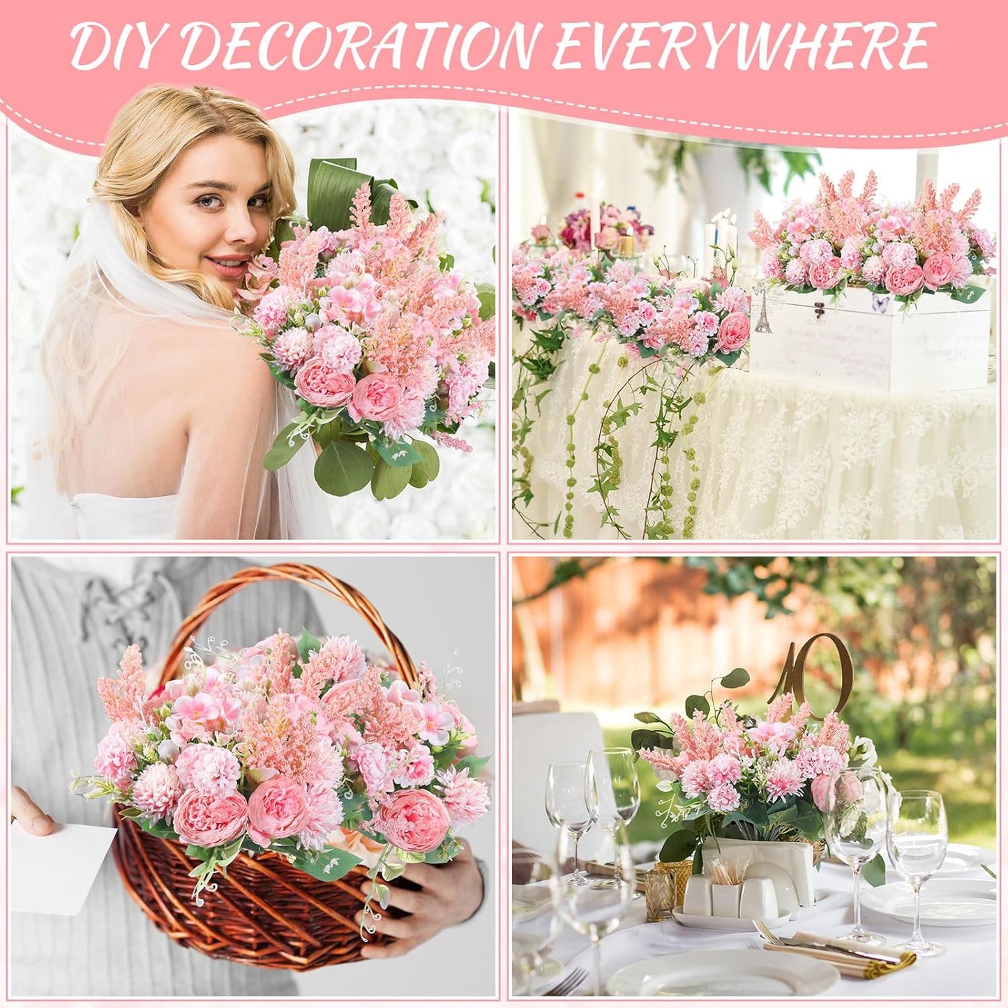 Zeyune 8 Pcs Wedding Silk Flowers Fake Silk Flowers Faux Bouquet Hydrangea Bouquets for Wedding Birthday Party Table Centerpieces Home Decoration(Pink,Peony)