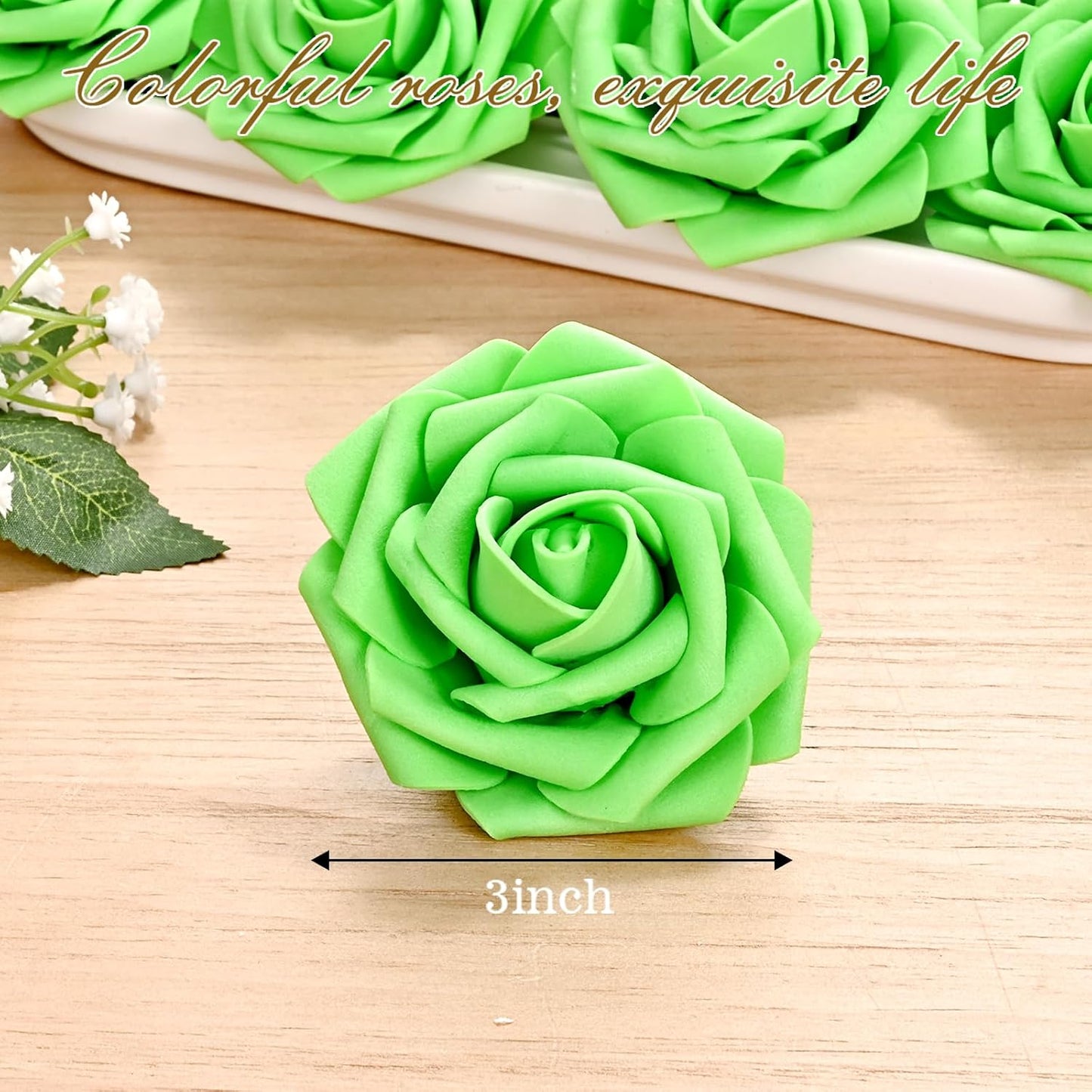BLEUM CADE 16Pcs Artificial Flowers Fake Roses with Stems, Bright Green Boxed Foam Roses for DIY Bouquets Centerpieces Wedding Party Arrangement Bridal Shower Decor