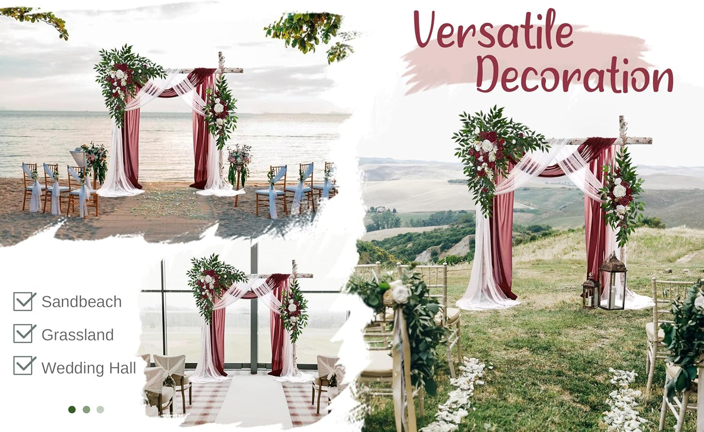 Wedding Arch Flowers with Drapes Kit (Pack of 4) - 2pcs Artificial Christmas Marsala Deluxe Swag with 2pcs Sheer Drapes for Wedding Ceremony Arbor Reception Backdrop Rose Floral Decoration