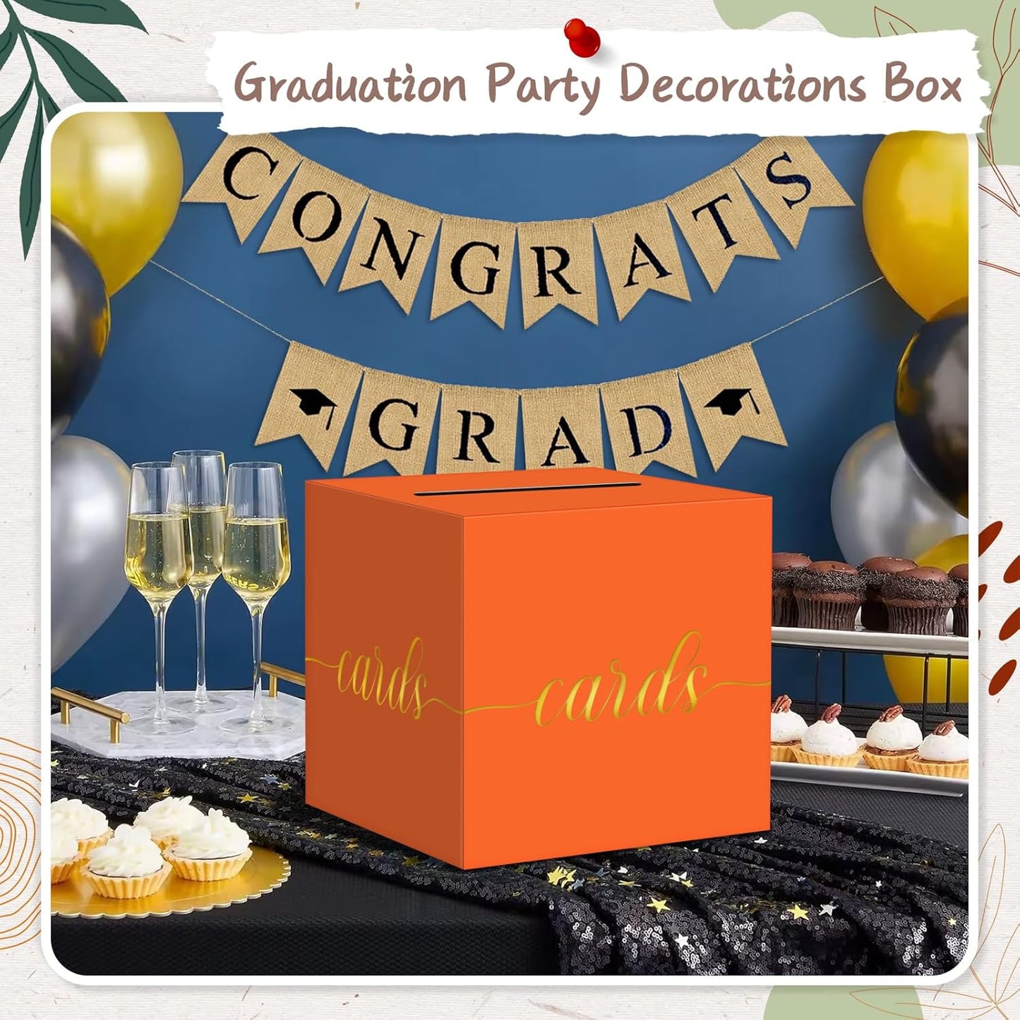 QIKSION Orange Graduation Card Box, Gold Foil Gift Card Box for Party, Graduation, Wedding Reception, Birthday, Baby Shower, Raffle