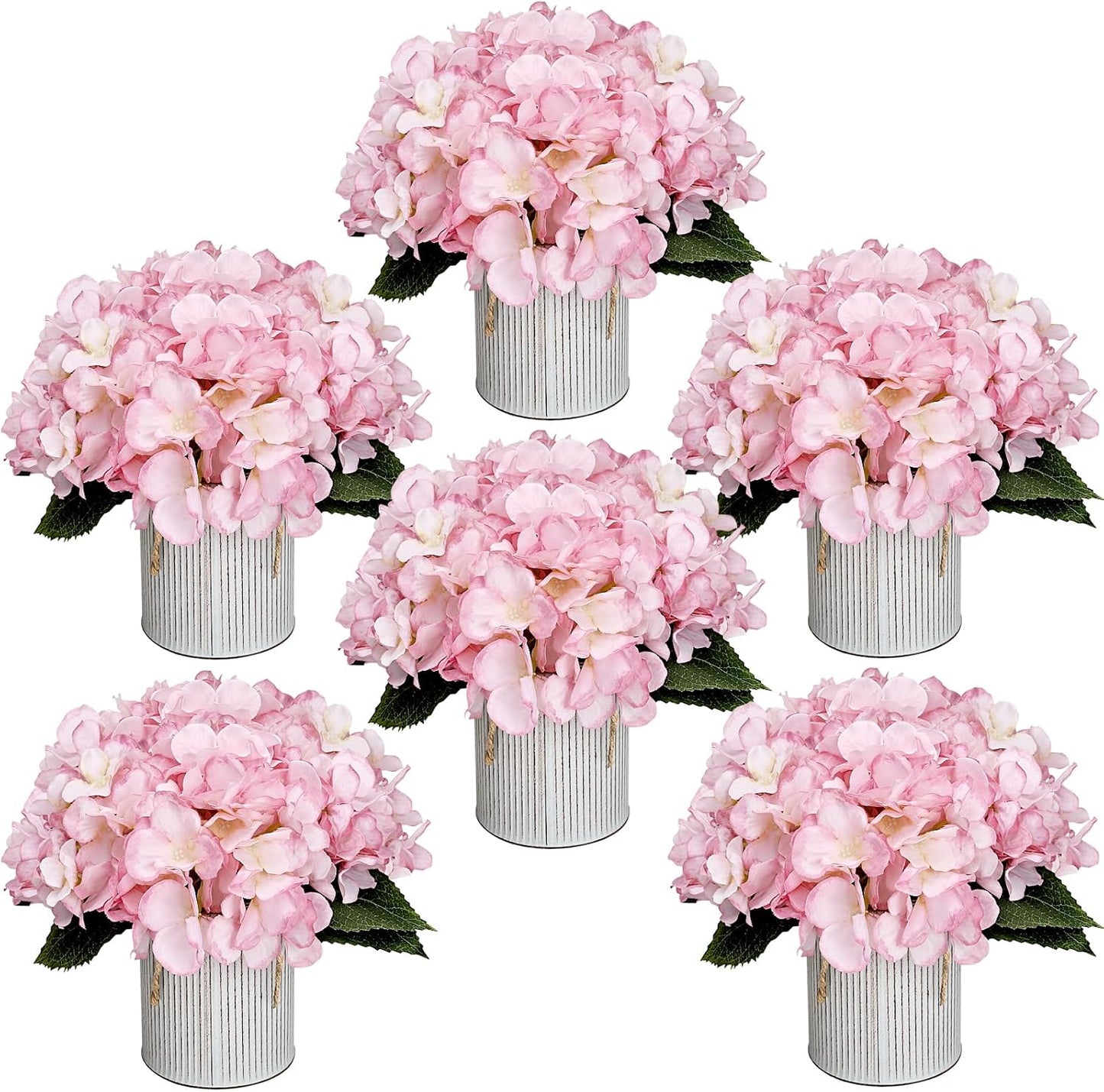 Flower Table Centerpieces - Set of 6 Floral Arrangement Artificial Wedding Hydrangeas Floral Arrangement with Rustic Metal Vase for Bridal Tea Party Event Decorations - Pink