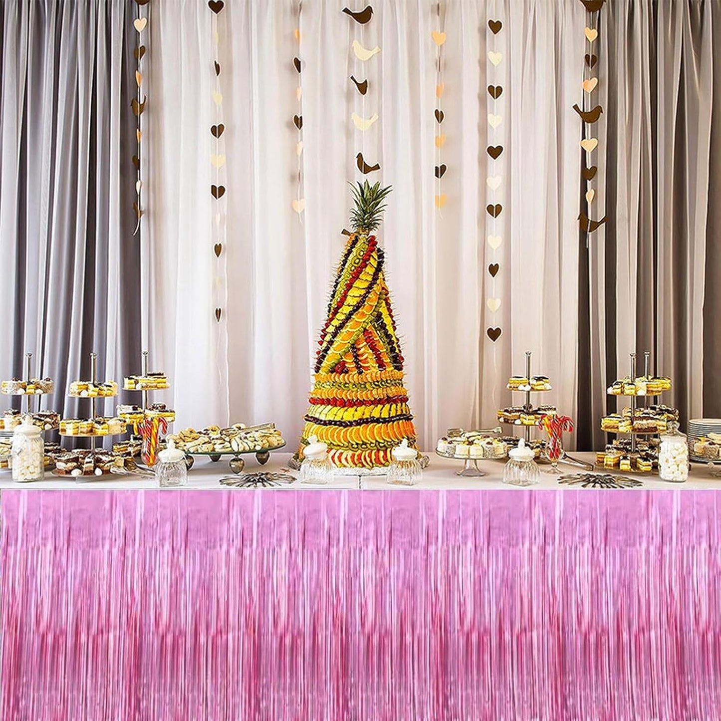 4 Pack Metallic Foil Fringe Tinsel Table Skirts,29x108 Inch Party Disposable Table Skirt Banner for Hotel Banquet Parade Floats Mardi Gras Holiday Birthday Wedding New Year Party Decoration(Pink)