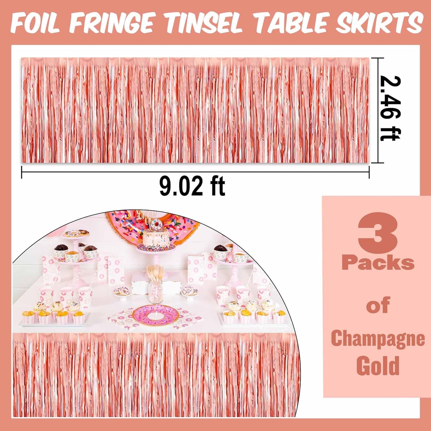 3 Pack 29 x108 Inch Rose Gold Foil Fringe Table Skirts Metallic Banner for Tinsel Streamer Garland Backdrop for Parade Floats Mother's Day, Graduate, Birthday, Wedding Party Decoration