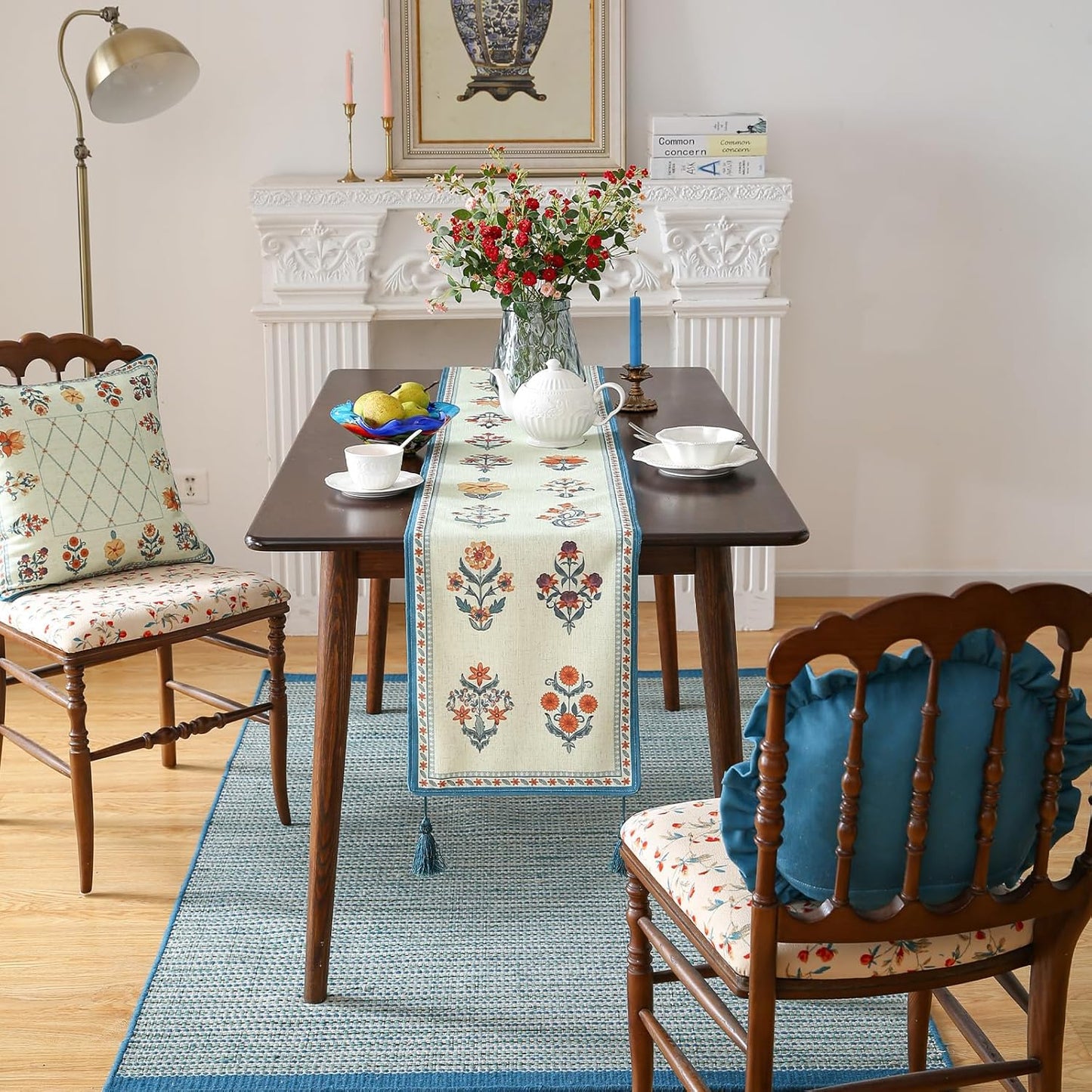 ISAENNE Designer Light Green Linen Extra Long Table Runner 118 Inches,French Floral Patterns Elegant Table Runner for Dining Tables,Thanksgiving,Kitchen Tables,Christmas,12"*118"-Floralsea B