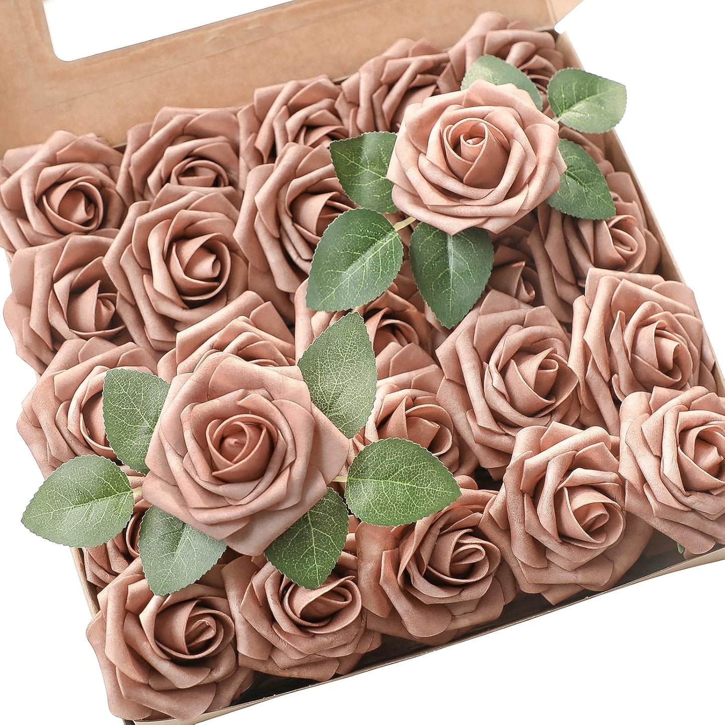Floroom Artificial Flowers 25pcs Real Looking Warm Taupe Foam Fake Roses with Stems for DIY Wedding Bouquets Bridal Shower Centerpieces Floral Arrangements Party Tables Home Decorations