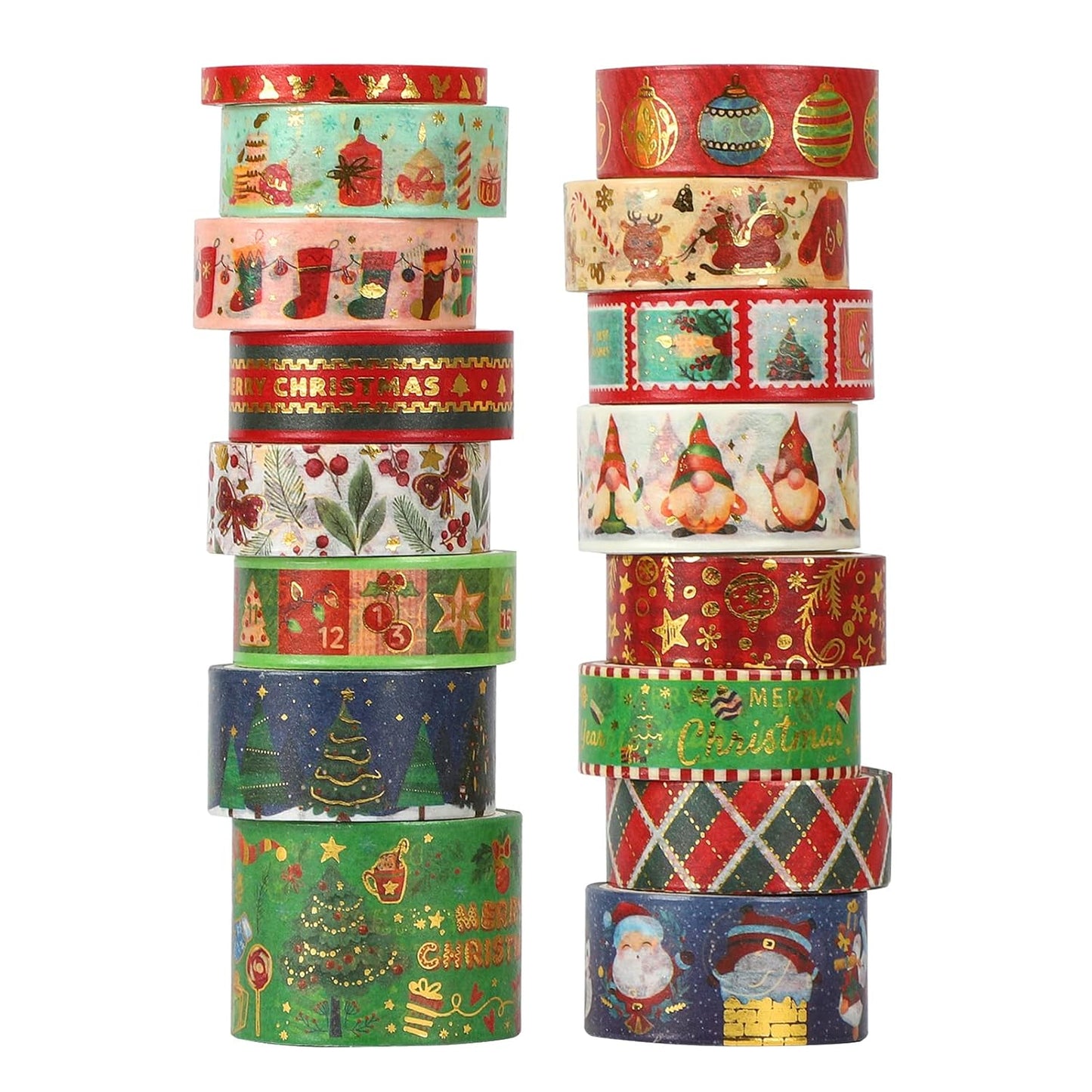 16 Rolls Christmas Washi Tape Holiday Masking Tape 4 Sizes Red Green Christmas Wrapping Tape Glod Foil Decorative Tape for Christmas Scrapbook Journal DIY Craft Gift Wrapping（Christmas