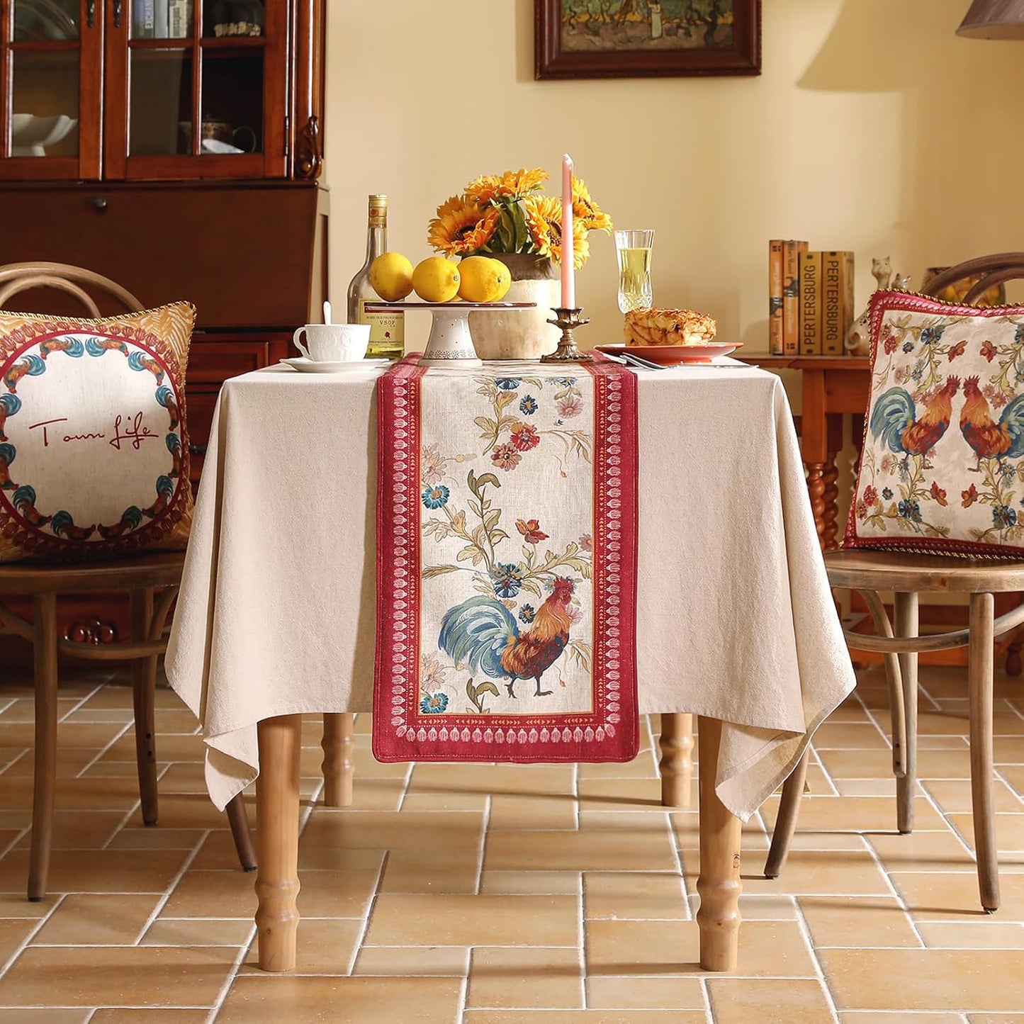 patdrea Designer Farmhouse Linen Table Runner, Rustic Cottage Mauve with Rooster and Floral Pattern Fabric Table Mat, Decoration for Kitchen Dining Coffee Table Banquet Christmas , 12"*71"