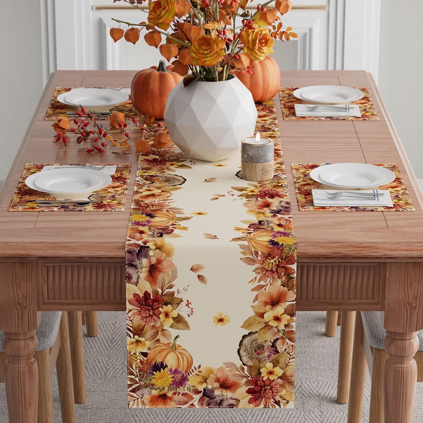 XCHI Fall Color Wild Flowers Watercolor Table Runner Table Decoration for Kitchen Dining Dinner Autumn Home Decor 13x36 Inch