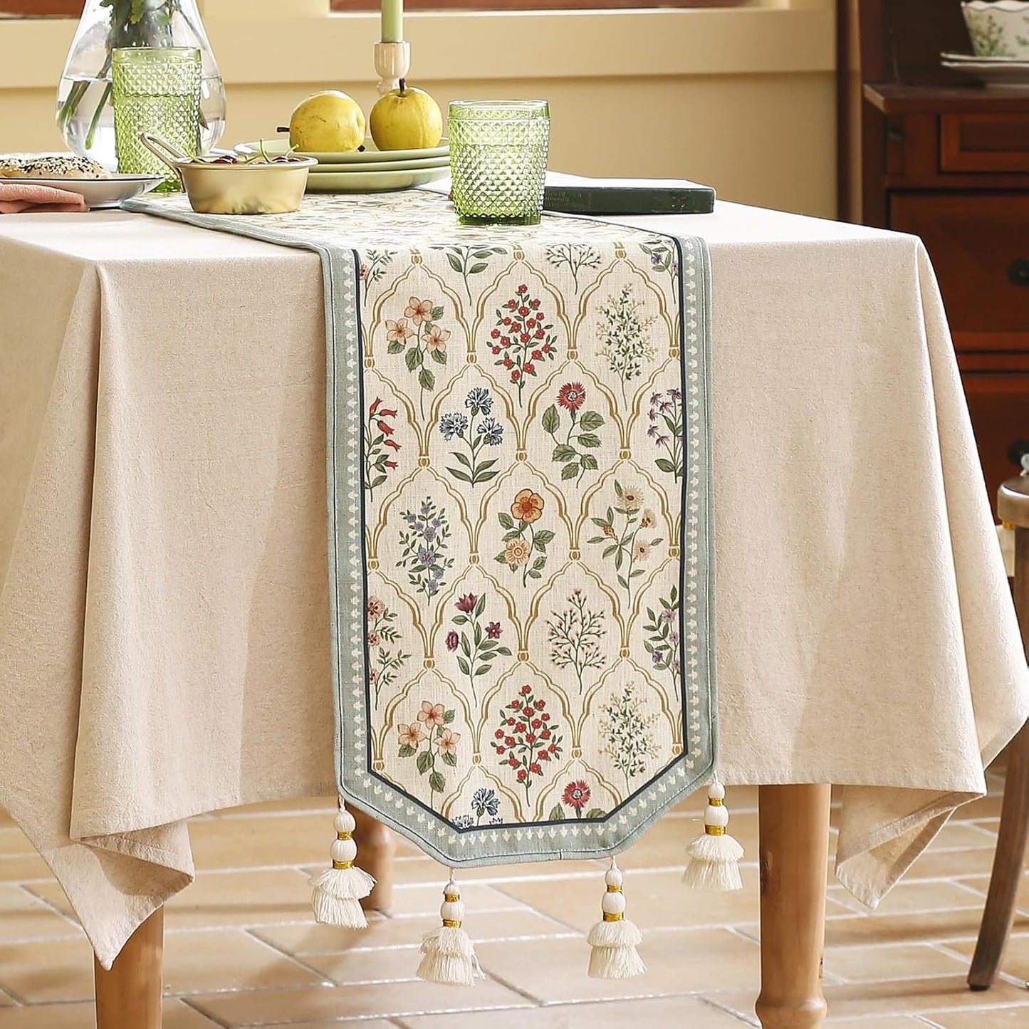 ISAENNE Designer Vintage Elegant Linen Table Runner 118 Inches Extra Long,Colorful Wildflower Pattern Runner,Decor Table Runners for Dining Tables,Thanksgiving,Christmas,12"*118"-Serenity B