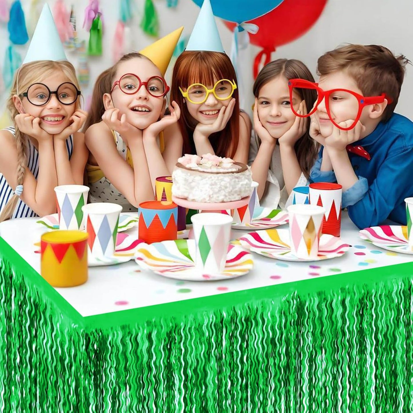 6 Pack 29x108 Inch Green Wave Foil Fringe Table Skirts Metallic Banner for Tinsel Streamer Garland Backdrop for Parade Floats Wedding, Mother's Day, Birthday Mardi Gras Party Decorations