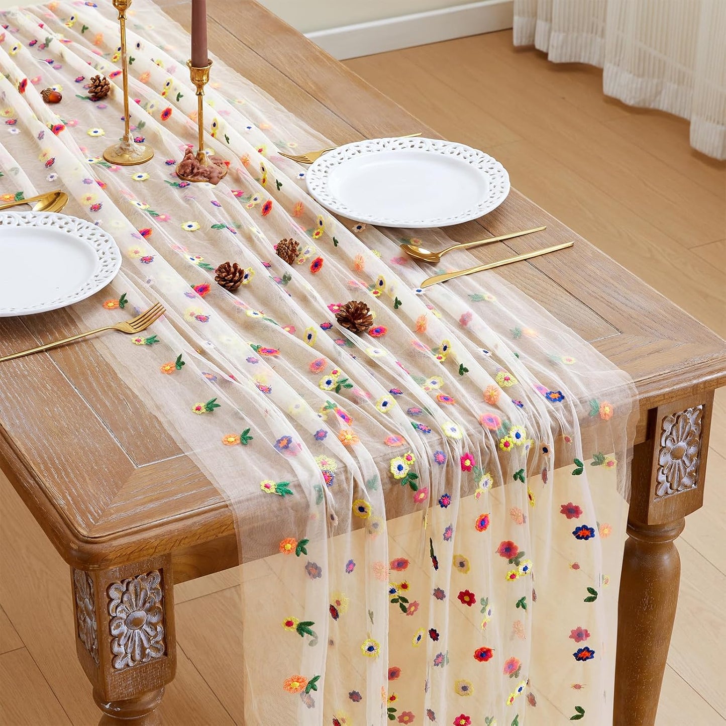 JIALE Champagne Floral Table Runner, Embroidery Daisy Seasonal Table Decorations, 120Inch 10FT 1PC Gold Tulle Fabric for Home Decor, Bridal Shower Wedding, Baby Shower Parties, DIY Craft