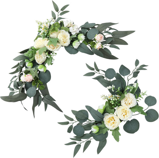 H&W 2pcs Artificial Wedding Arch Flowers for Wedding Sign, Floral Swag Dusty Decor for Reception Ceremony Backdrop Sweetheart Table (Champagne Colored Peony)