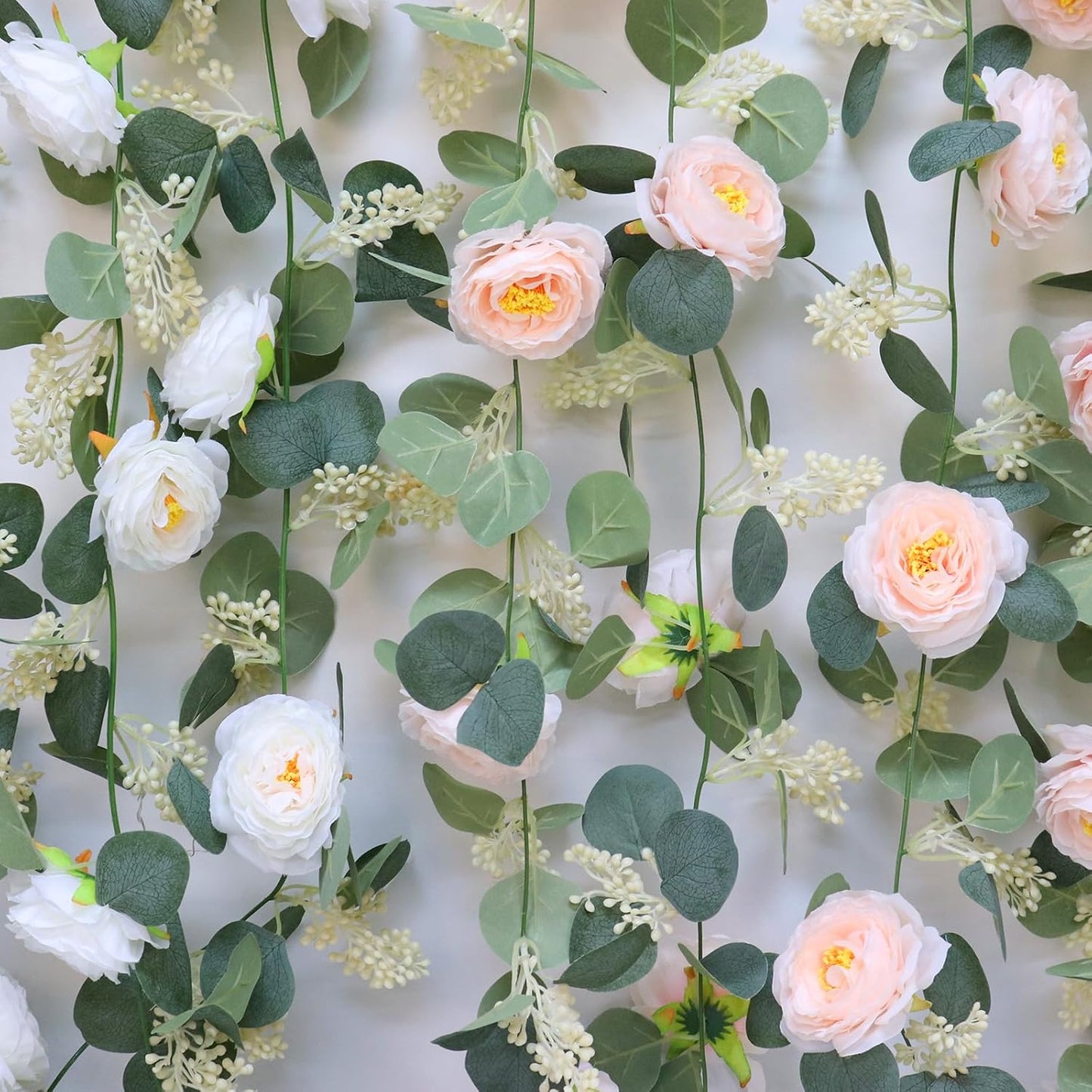 MAKHOT 2 Pcs Pink 6.6Ft Artificial Eucalyptus Flower Garland with Fake Rose Flower Vine Seeded Eucalyptus Leaves Greenery Garland for Wedding Table Backdrop Party Centerpiece Room Decor (Pink)