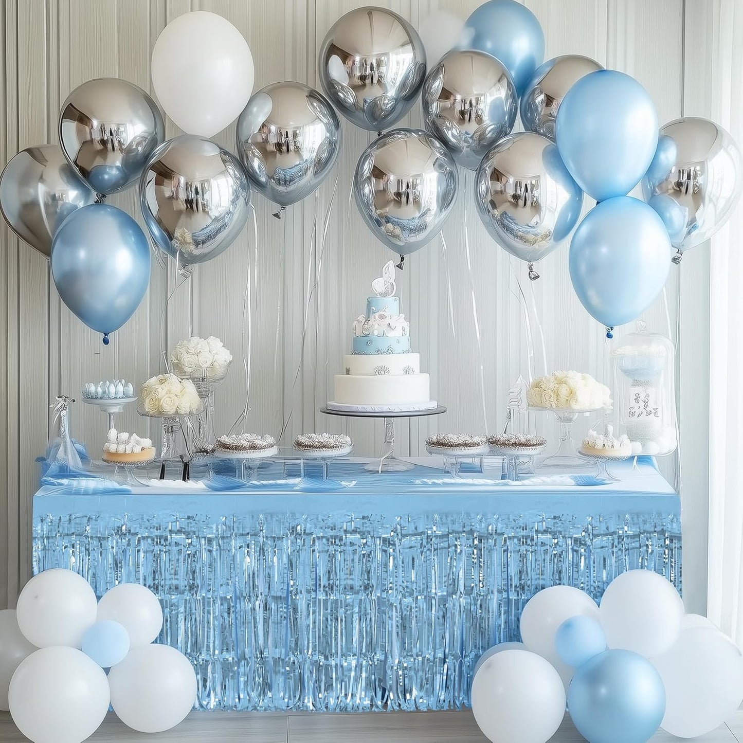1 Pack Light Blue Table Skirts, 29x108" Metallic Foil Tinsel Fringe Table Skirts for Rectangle Tables Streamer Curtains Backdrop, Party Decorations for Birthdays Weddings Holidays