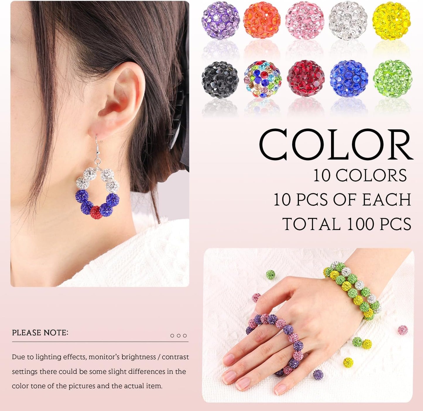 100 pcs 10mm Rhinestone Beads for Jewelry Making, 10 Mixed Colors Shiny Round Shamballa Disco Beads, Sparkle Crystal Clay Christmas for Bracelet Baseball Necklace Earring Crafting and DIY