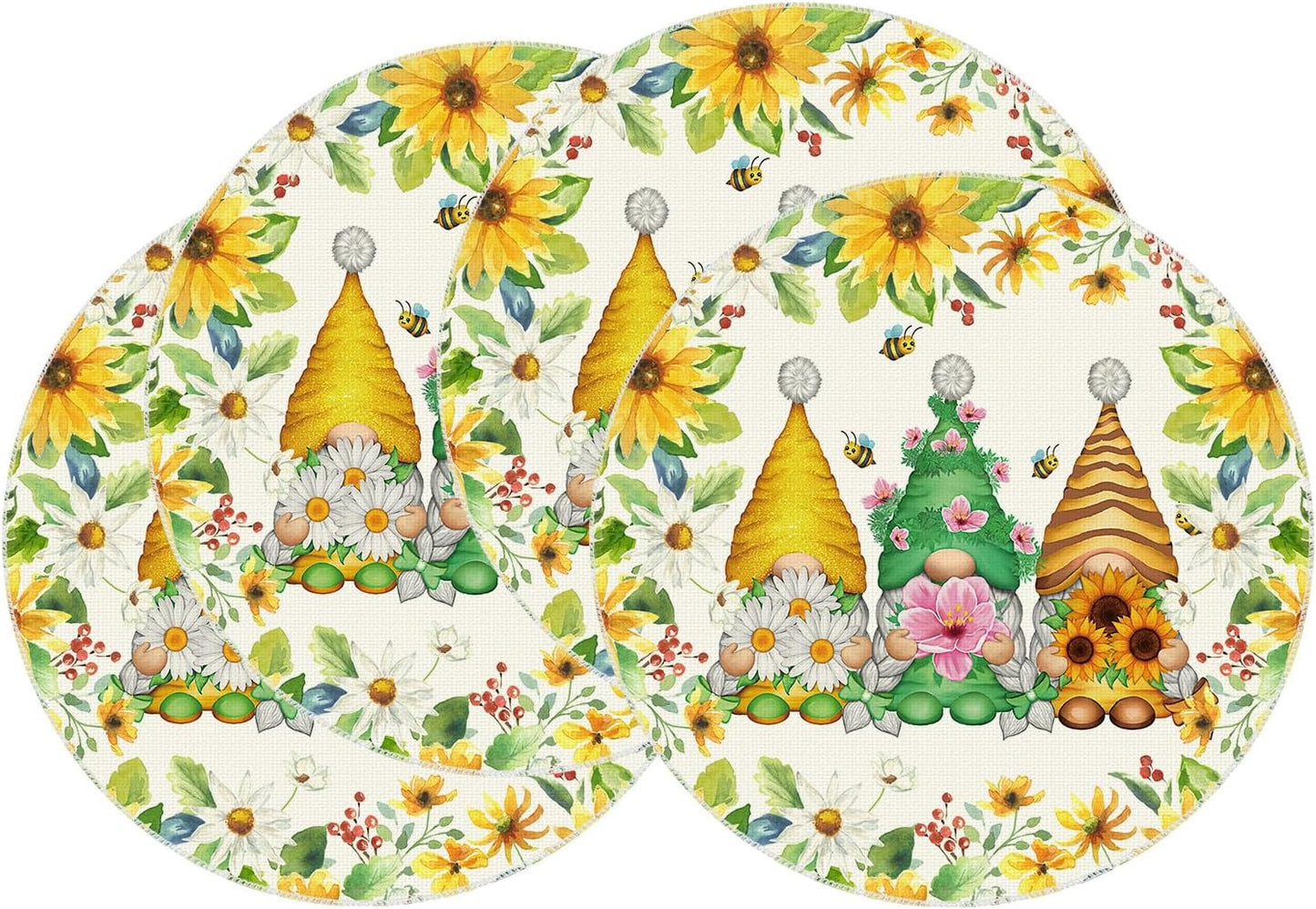 XCHI Daisies Flowers Gnomes Spring Round Placemats Set of 4 Table Mats Summer Seasonal Table Decorations 14x14 Inch