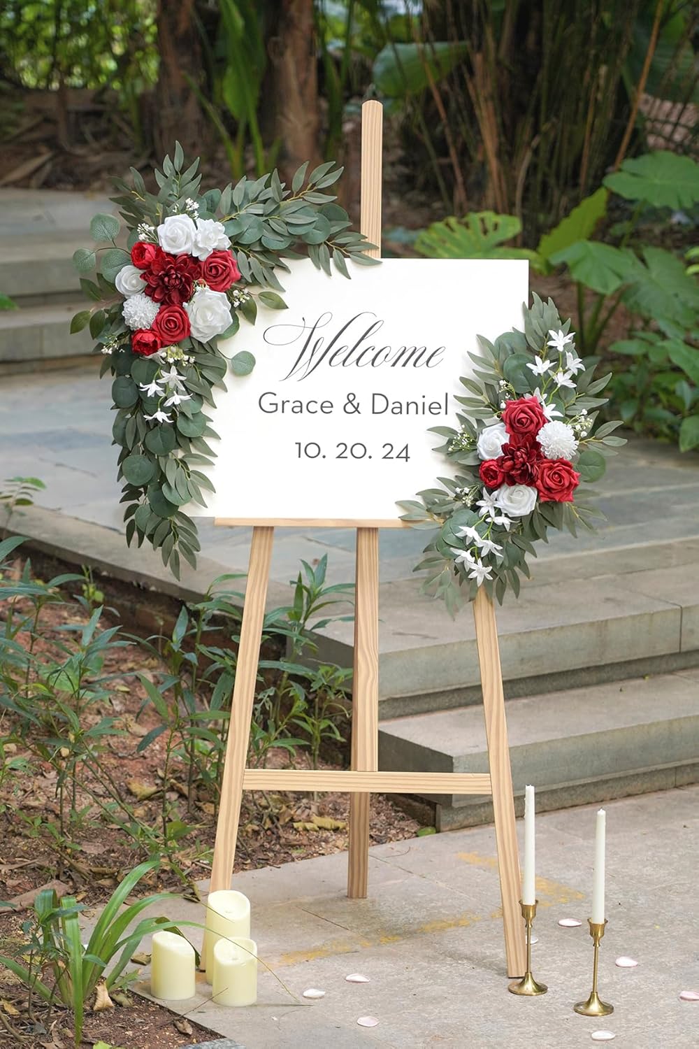 Artificial Flower Swag Set of 2 for Wedding Welcome Signs and Arch Flowers, Red Floral Decorations for Ceremony