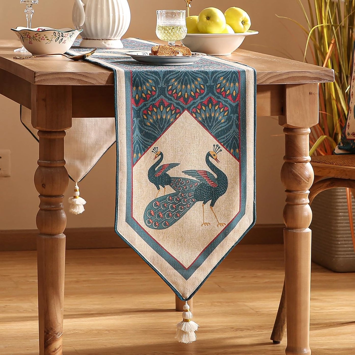 Vintage Blue Peacock Table Runner for Coffee Table,Decorative Linen 71 Inches Long Table Runners,Decor Tabletop for Kitchen,Dining,Tea Party,Home,Christmas,12"*71"