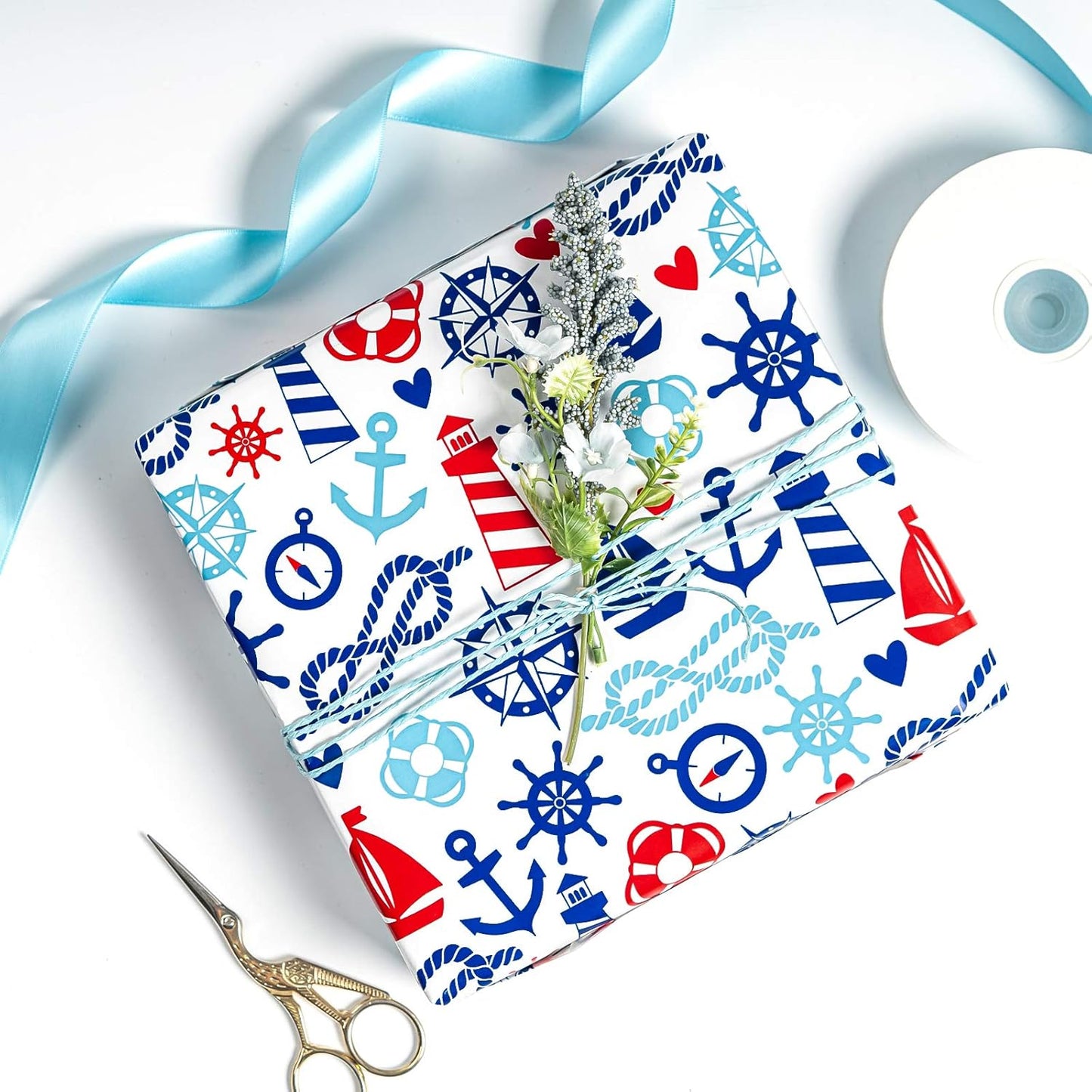 WRAPAHOLIC Nautical Anchors Wrapping Paper Roll - 17 Inch x 33 Feet - Nautical Element Anchor Design Perfect for Birthday, Nautical Beach Decoration, Baby Shower