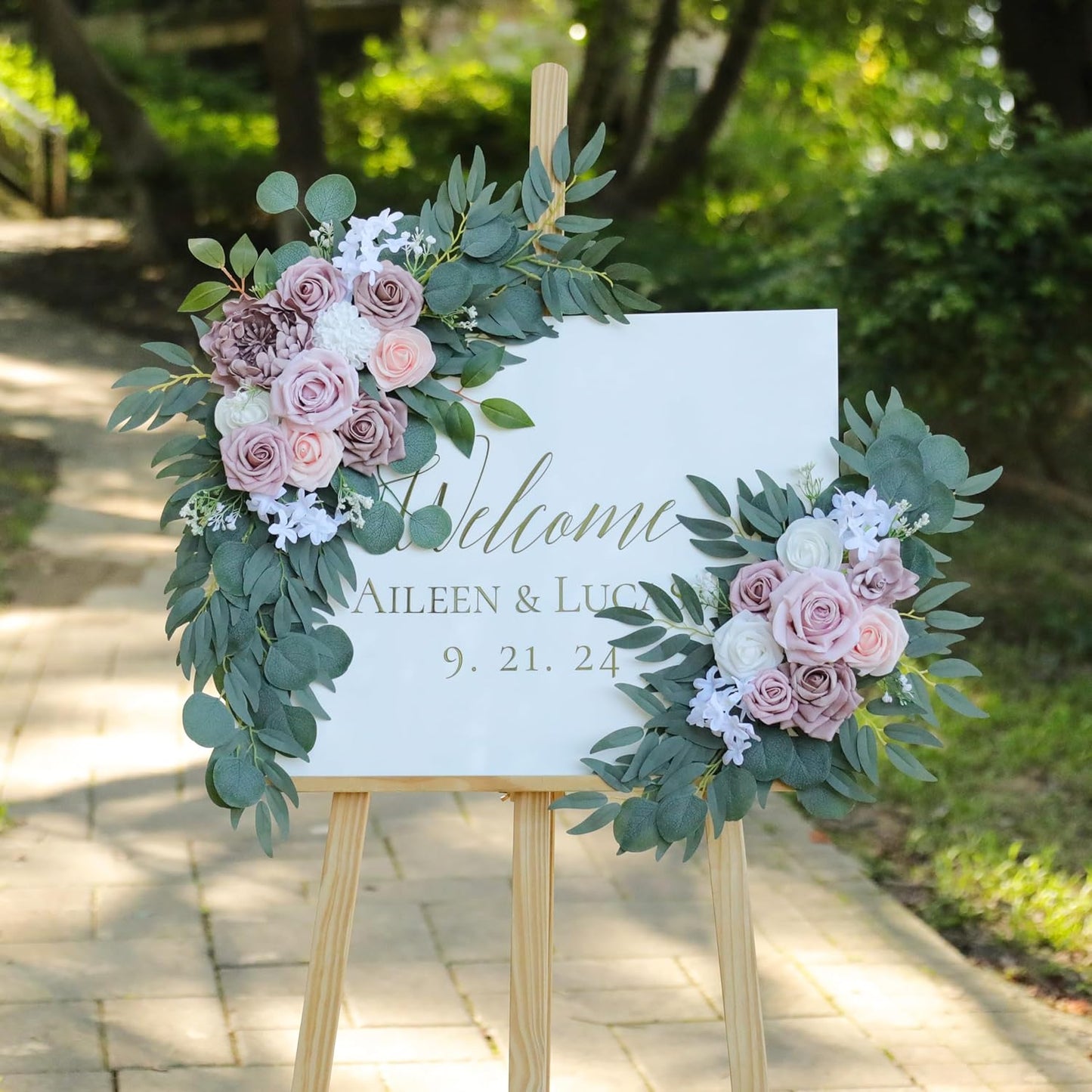 Artificial Dusty Rose Wedding Arch Flowers Swags Set of 2 for Welcome Signs, Ceremony & Reception Decorations, Blush Pink Flowers
