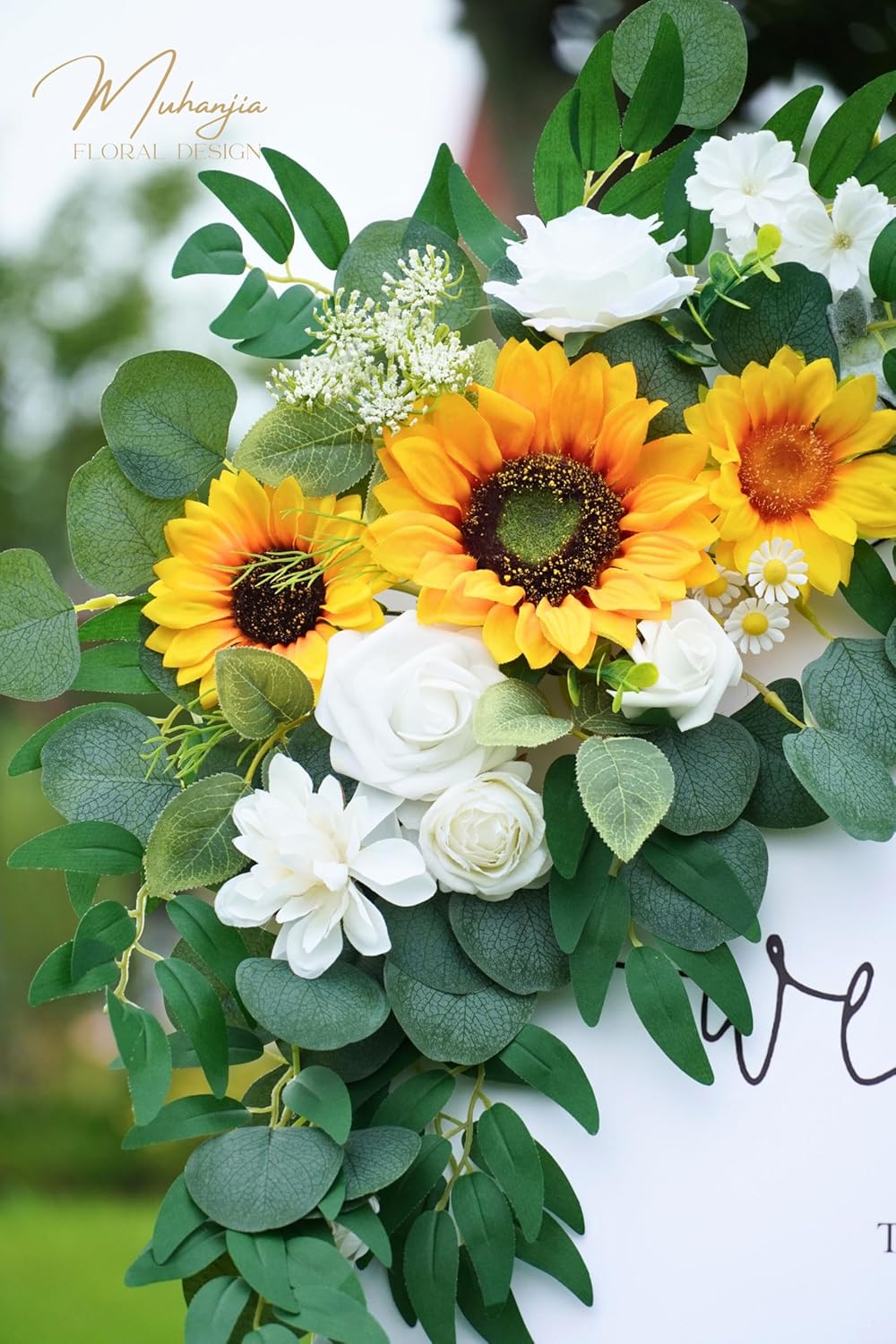 Wedding Sign Faux Flower Swag (Pack of 2) for Ceremony Party Reception Entrance Floral Decor Wall Easel Stand for Wedding Poster Welcome Sign(Sunflower)