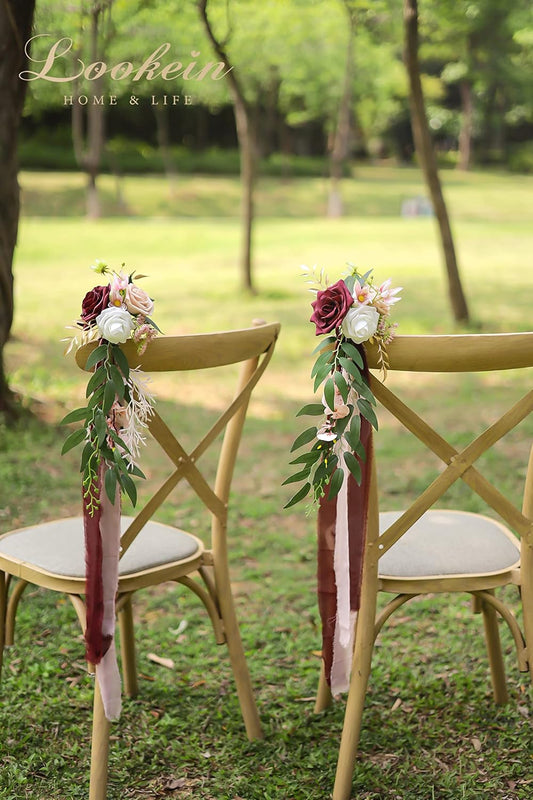 Lookein Wedding Aisle Chair Decorations Set of 8 Pew Flowers with Tails for Wedding Ceremony Chair Decorations, Marsala