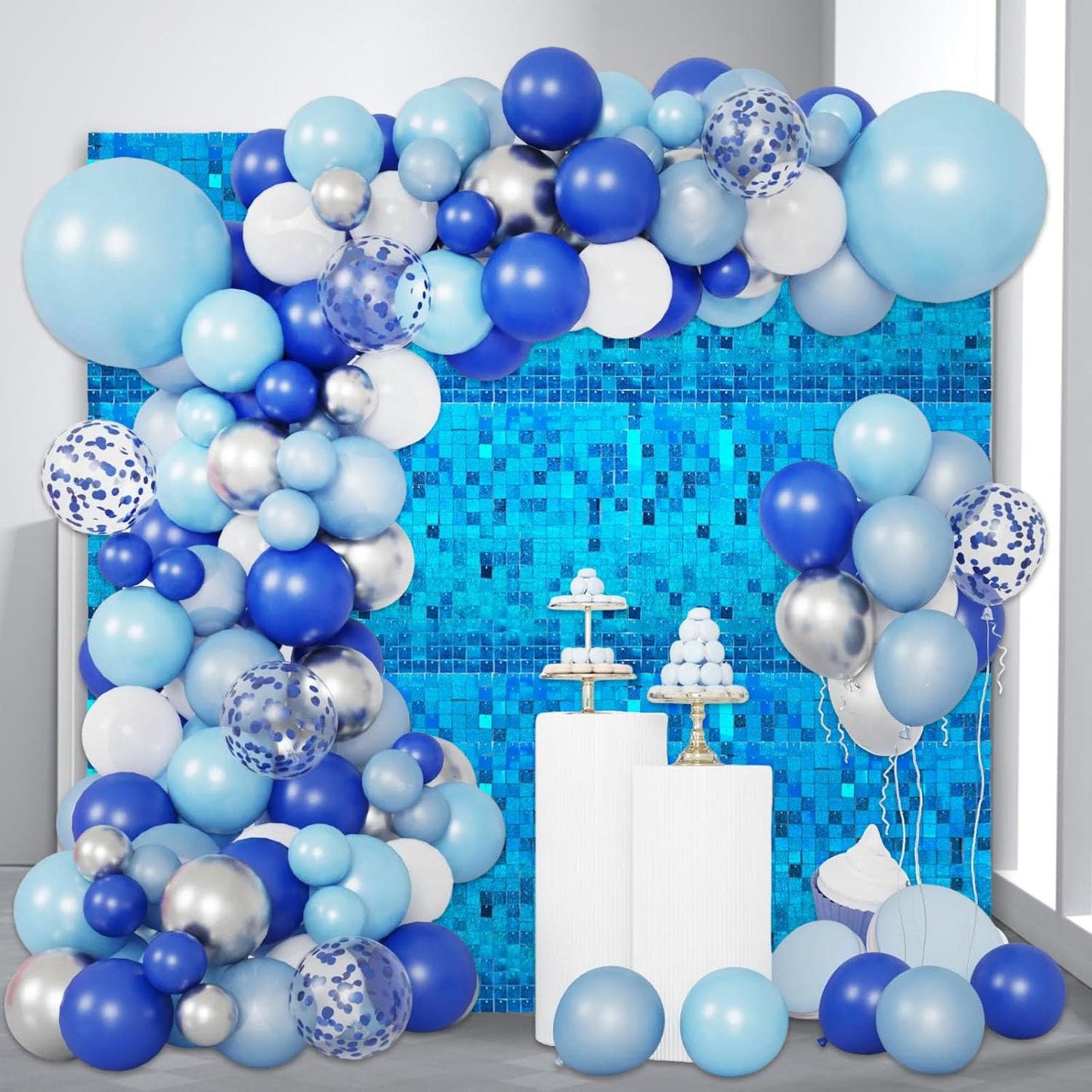 12PCS Lake Blue Shimmer Wall Backdrop, Laser Square Sequin Photo Backdrops Panel, Glitter Wall Background for Birthdays, Weddings, Christmas, Engagements, Disco Bachelorette Party Decoration (3FTx4FT)