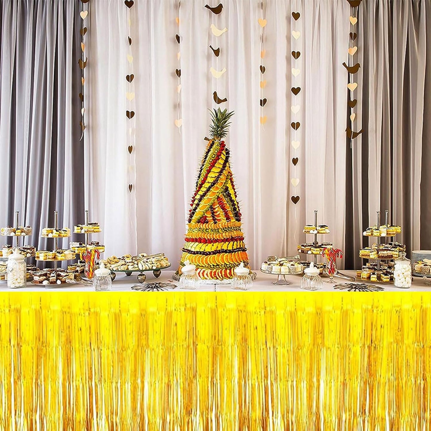 4 Pack Metallic Foil Fringe Tinsel Table Skirts,29x108 Inch Party Disposable Table Skirt Banner for Hotel Banquet Parade Floats Mardi Gras Holiday Birthday Wedding New Year Party Decoration(Gold)