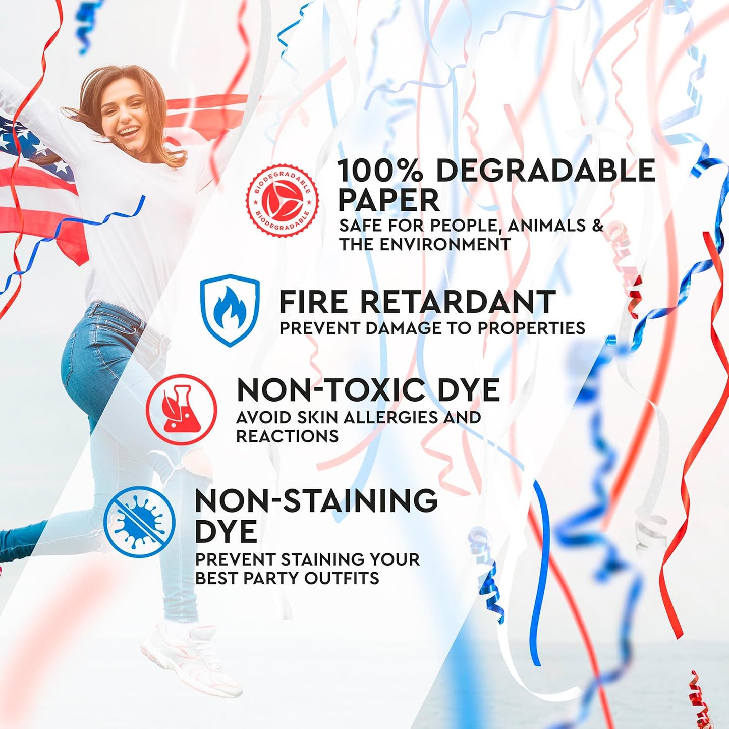 16" America Streamers Cannon [6 Pack] Red White & Blue Streamer Poppers No Mess, Biodegradable Streamer Paper, No Mess Confetti Poppers, Independence Day/July 4th, Conventions, Loud, Shoot Up to 40ft