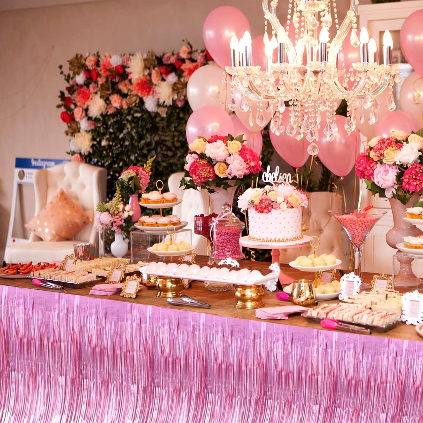 4 Pack 29x108 Inch Valentine's Day Metallic Foil Fringe Tinsel Table Skirts for Rectangle Tables Streamer Curtains Backdrop for Wedding, Birthday, Parade Floats Mardi Gras Party Decorations(Pink)