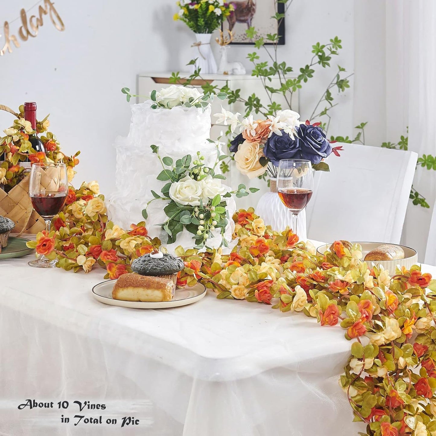 8 Pcs x 8.2 ft Flower Garland Artificial Rose Vine Flowers with Green Leaves Hanging Fake Roses Vine for Room Party Home Wedding Birthday Christmas Wall Arch Decor, Fall Champagne Flower