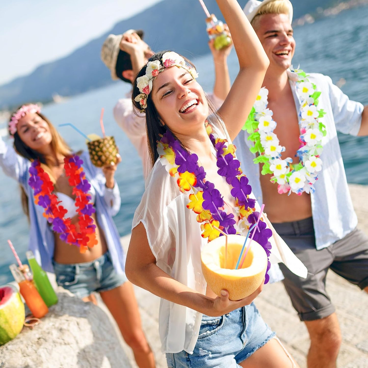 12PCS Hawaiian Leis Bulk, Colorful Luau Leis Party Decorations, Hawaiian Tropical Theme Silk Flower Leis, Hawaii Flower Lays Garland for Birthday Summer Pool Party Favors Supplies Accessories