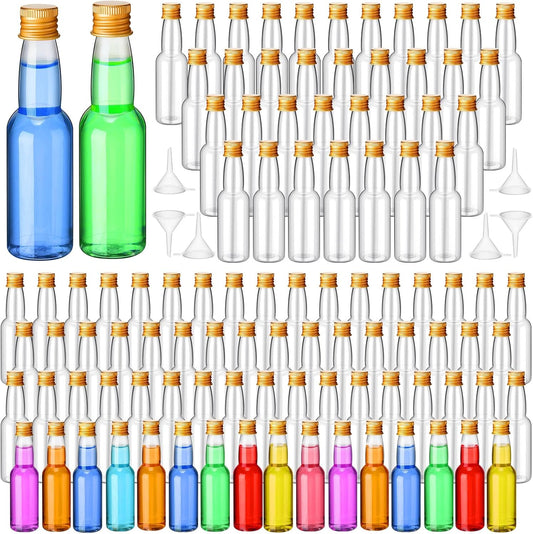120 Pcs Mini Liquor Bottles Airtight Shot Miniature Empty Plastic Alcohol Spirit Shot Bottles with Funnels for Party Favors, Weddings(3.3 oz,Gold)