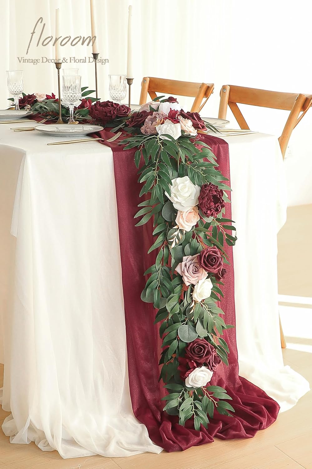 Floroom 6ft Artificial Eucalyptus Garland with Flowers Fake Greenery Faux Floral Vine Garland for Table Decor Wedding Centerpieces Bridal Shower Party Decorations, Burgundy & White