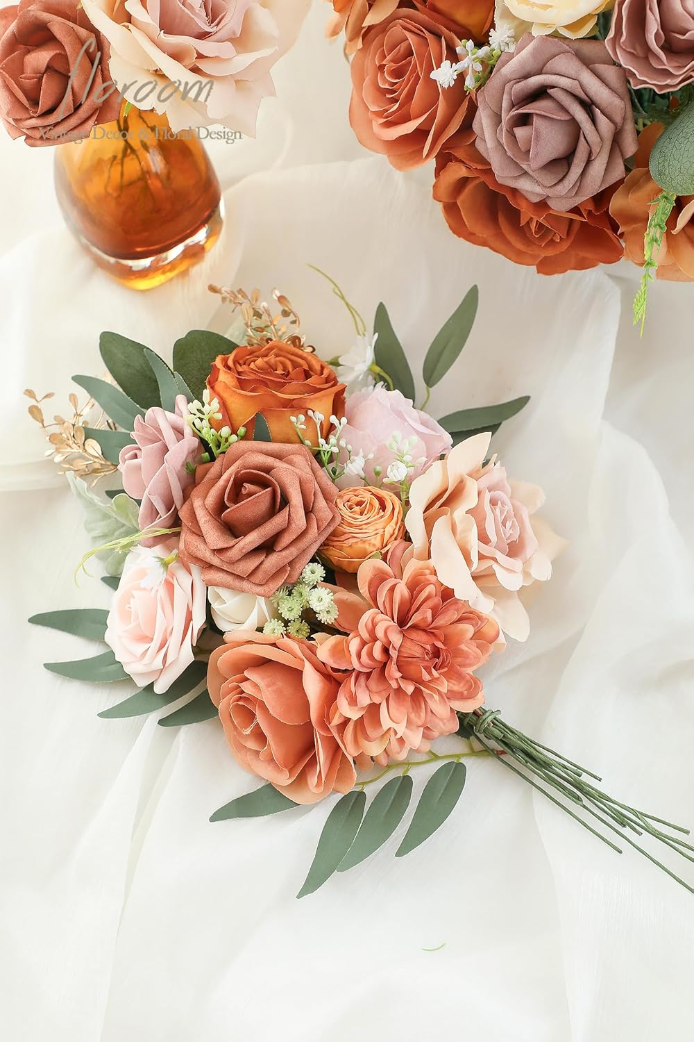 Floroom Terracotta Artificial Flowers Burnt Orange Fake Roses Peonies Dahlias and Greenery Combo Box Set for DIY Wedding Bouquets Bridal Shower Centerpieces Floral Arrangements Party Tables Decoration
