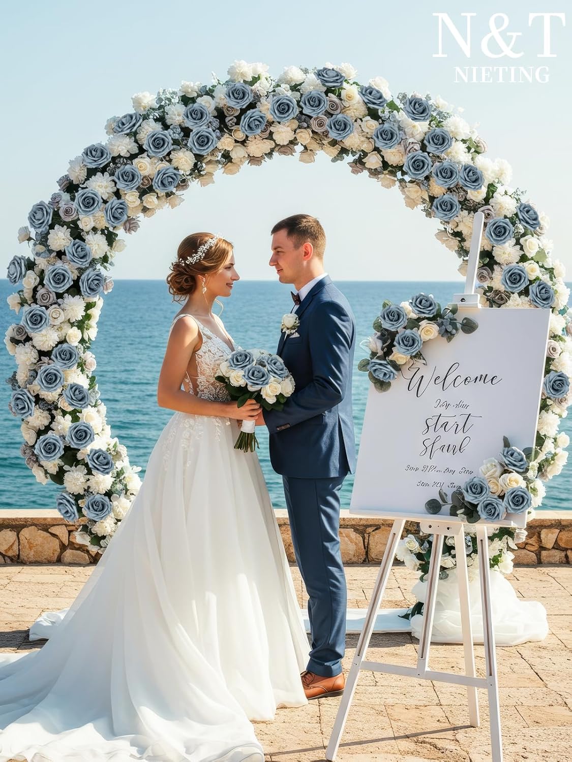 N&T NIETING Artificial Flowers, 25pcs Foam Roses Fake Flowers DIY Wedding Party Cake Decoration, Home Display, Dusty Blue Gray