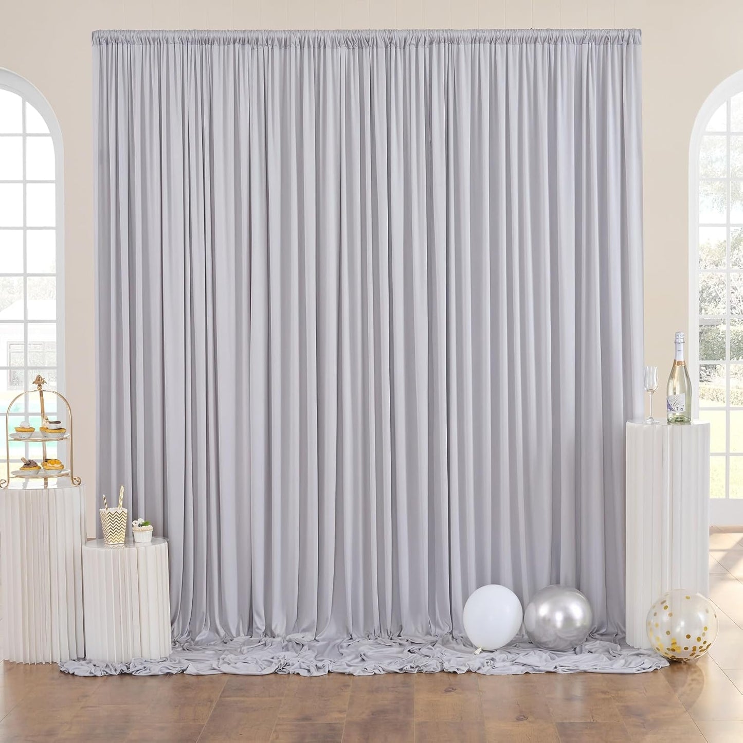 10 ft x 10 ft Wrinkle Free Silver Backdrop Curtain for Parties, Polyester Silver Grey Backdrop Drapes 2 Panels 5x10ft for Baby Shower Photoshoot Engagement Wedding Birthday Photography Background