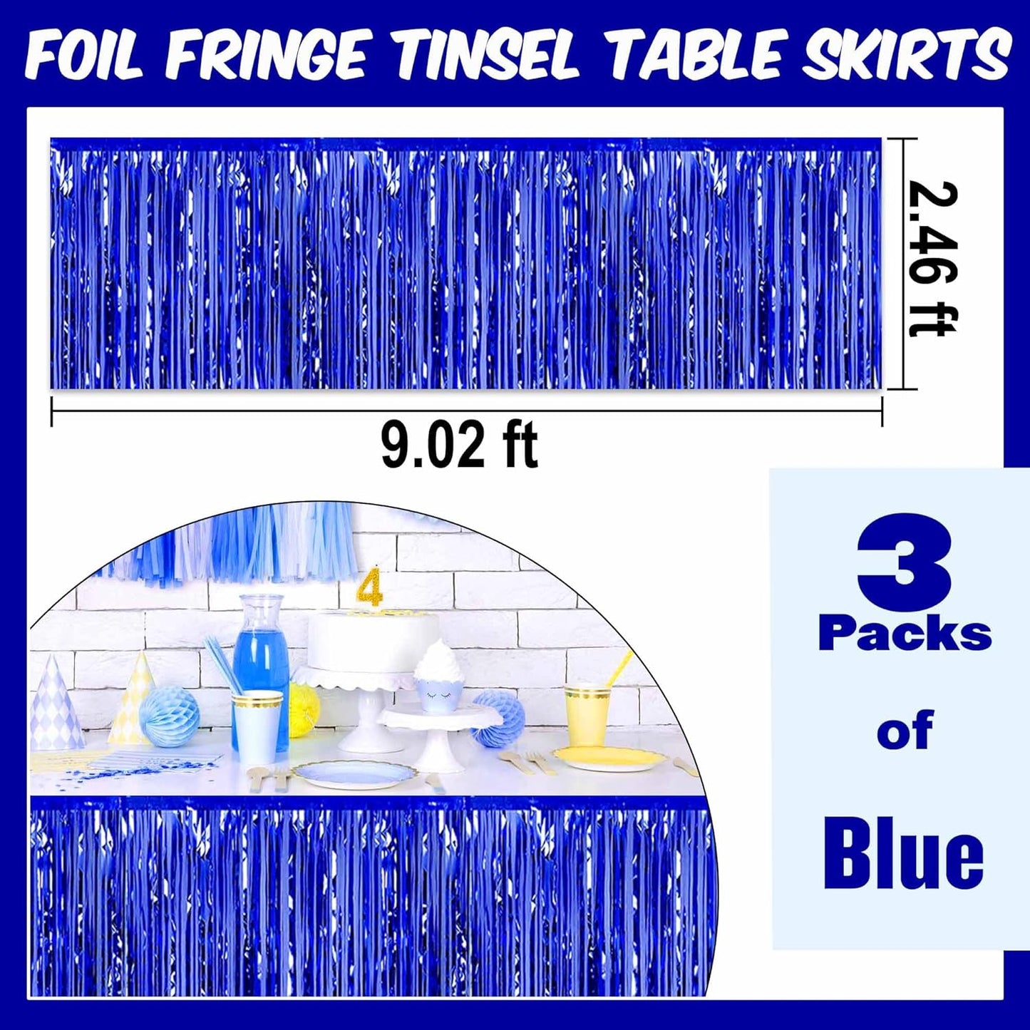 3 Pack 29 x108 Inch Blue Foil Fringe Table Skirts Metallic Banner for Tinsel Streamer Garland Backdrop for Parade Floats Mother's Day, Graduate, Birthday, Wedding Party Decoration