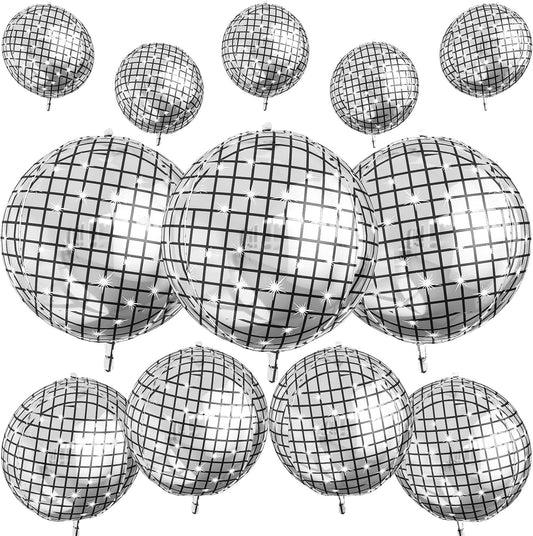 12Pcs Disco Ball Balloons, 22" 15" 10" 4D Aluminum Foil Balloons, Metallic Silver Disco Balloon for Birthday Bachelorette Disco 70s 80s 90s Themed Graduation New Year Eve Prom Party Decorations